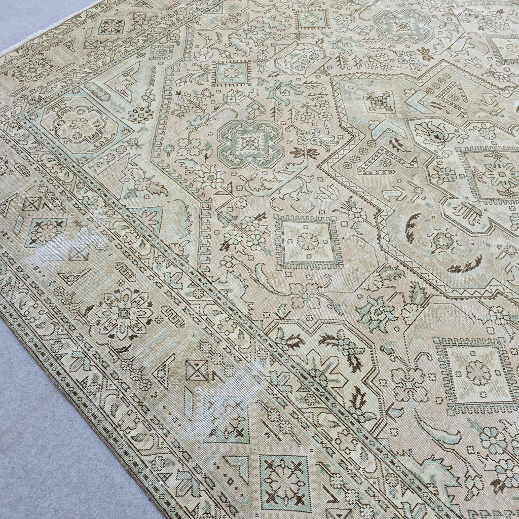 10x12 Turkish Rug Vintage Pink Cream Mint Green Hand Knotted Oushak Area Carpet