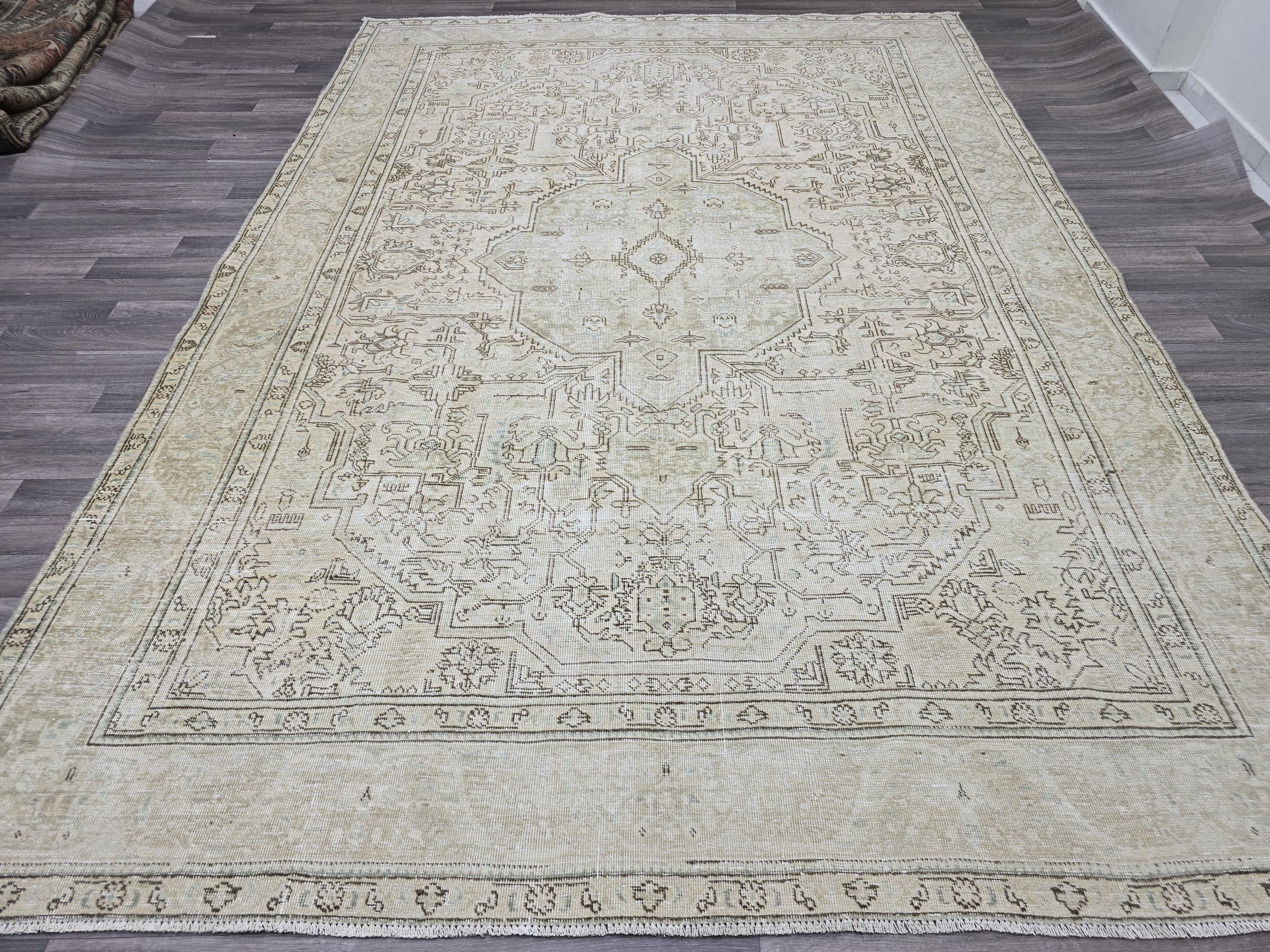 Large Vintage Oushak Rug 8x11 Neutral Beige Turkish Area Rug Living Room