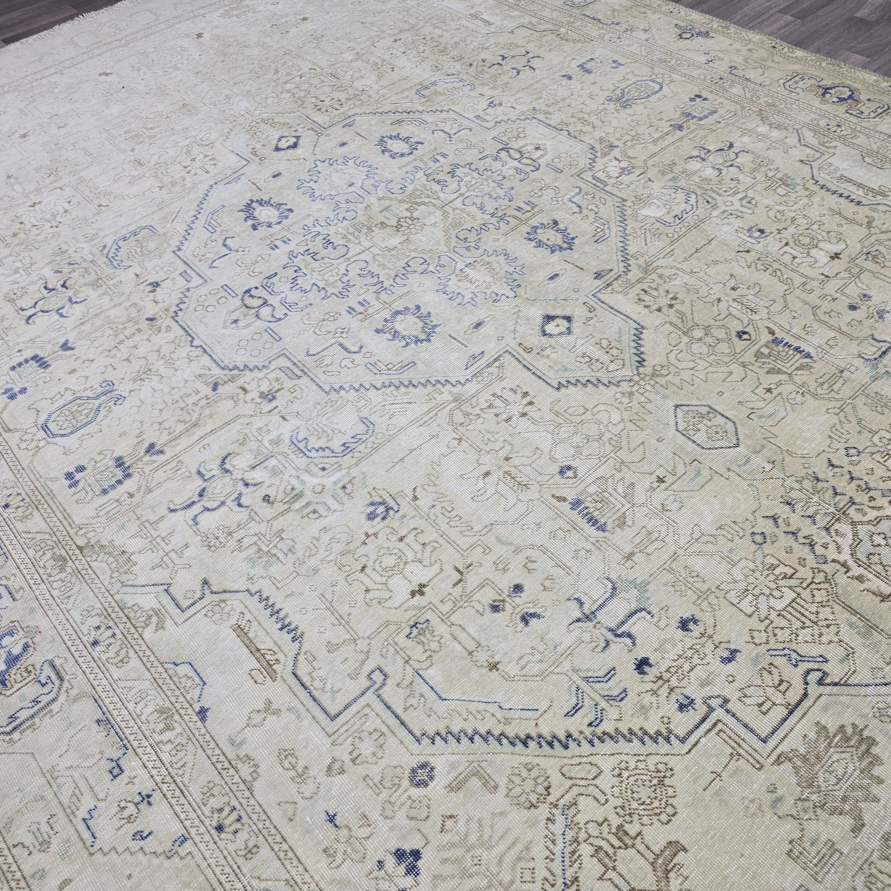 Antique Turkish Rug 10x12 Blue Cream Medallion Vintage Wool Area Rug Bedroom