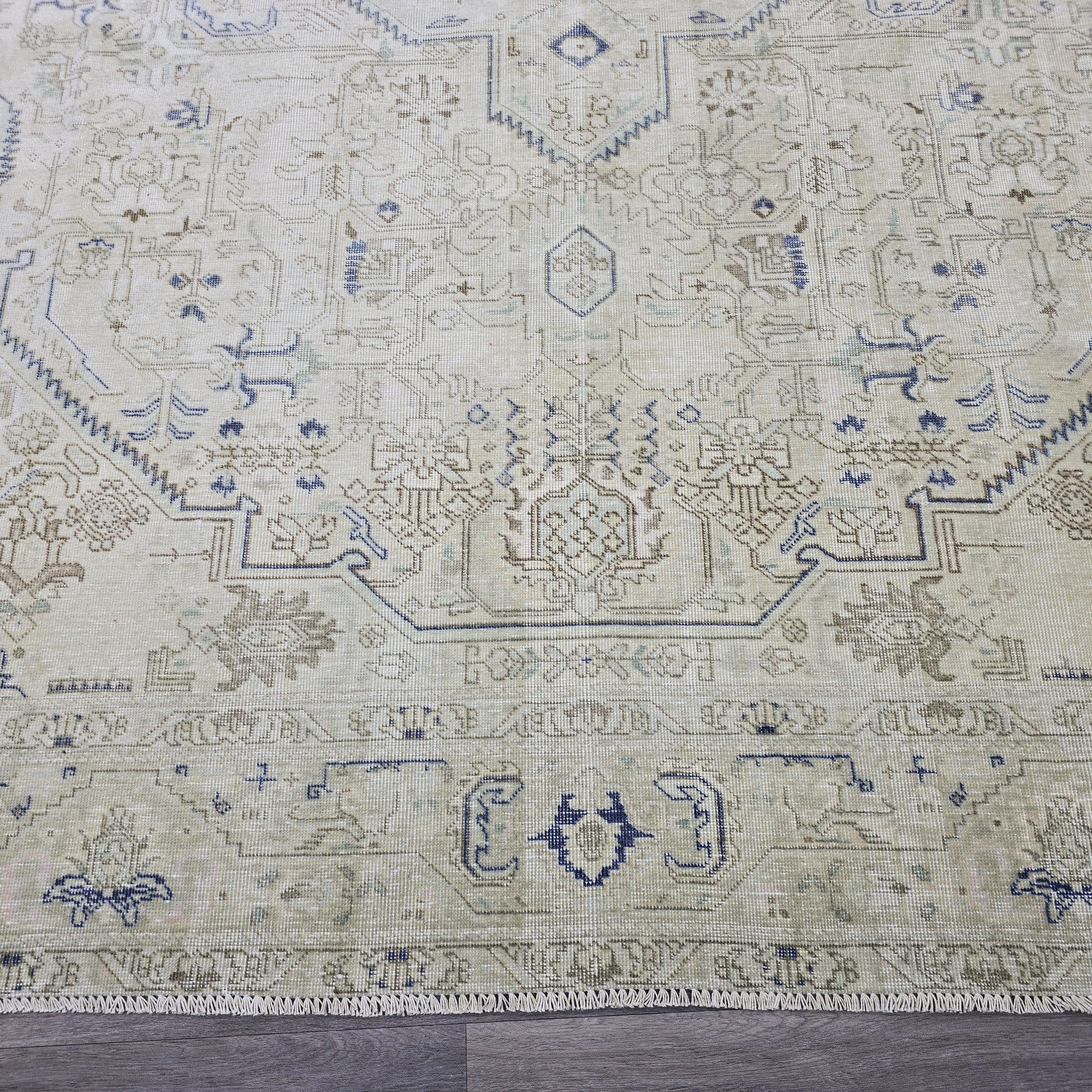 Antique Turkish Rug 10x12 Blue Cream Medallion Vintage Wool Area Rug Bedroom