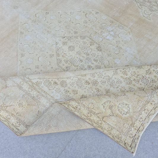 Oversized Blush Vintage Turkish Rug: 9x12 Neutral Wool Area Rug