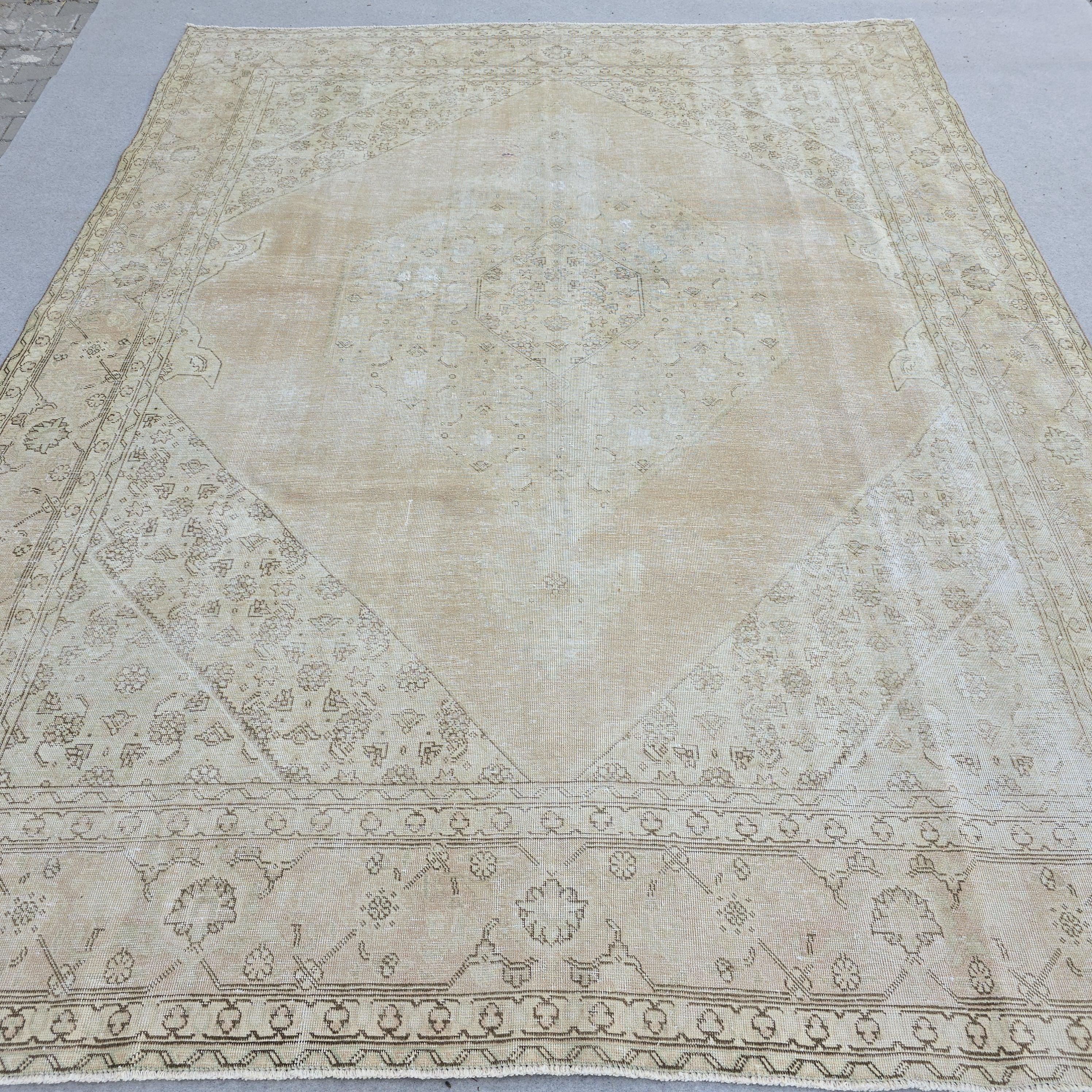 Oversized Vintage Turkish Rug: 9x12 Neutral Wool Area Rug, Palace Size rug for livingroom
