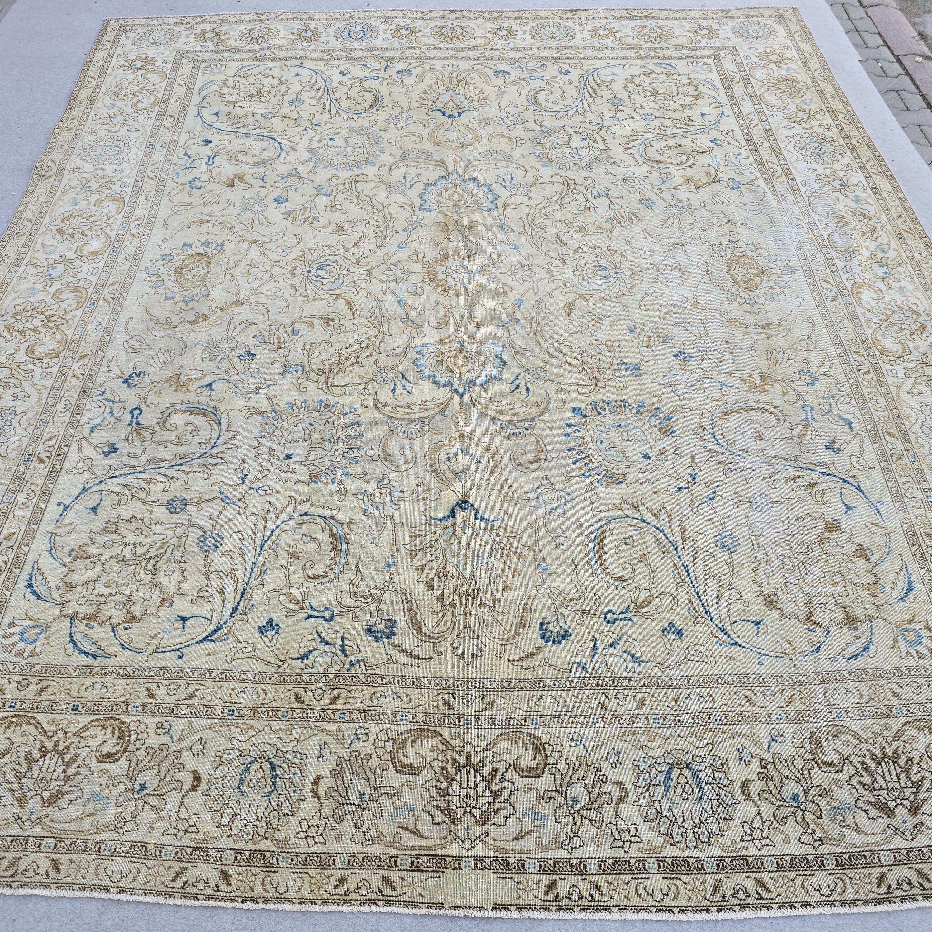 Vintage Rug 11x13 Cream Blue Floral Turkish Oushak Carpet Hand Knotted Bedroom Living Room