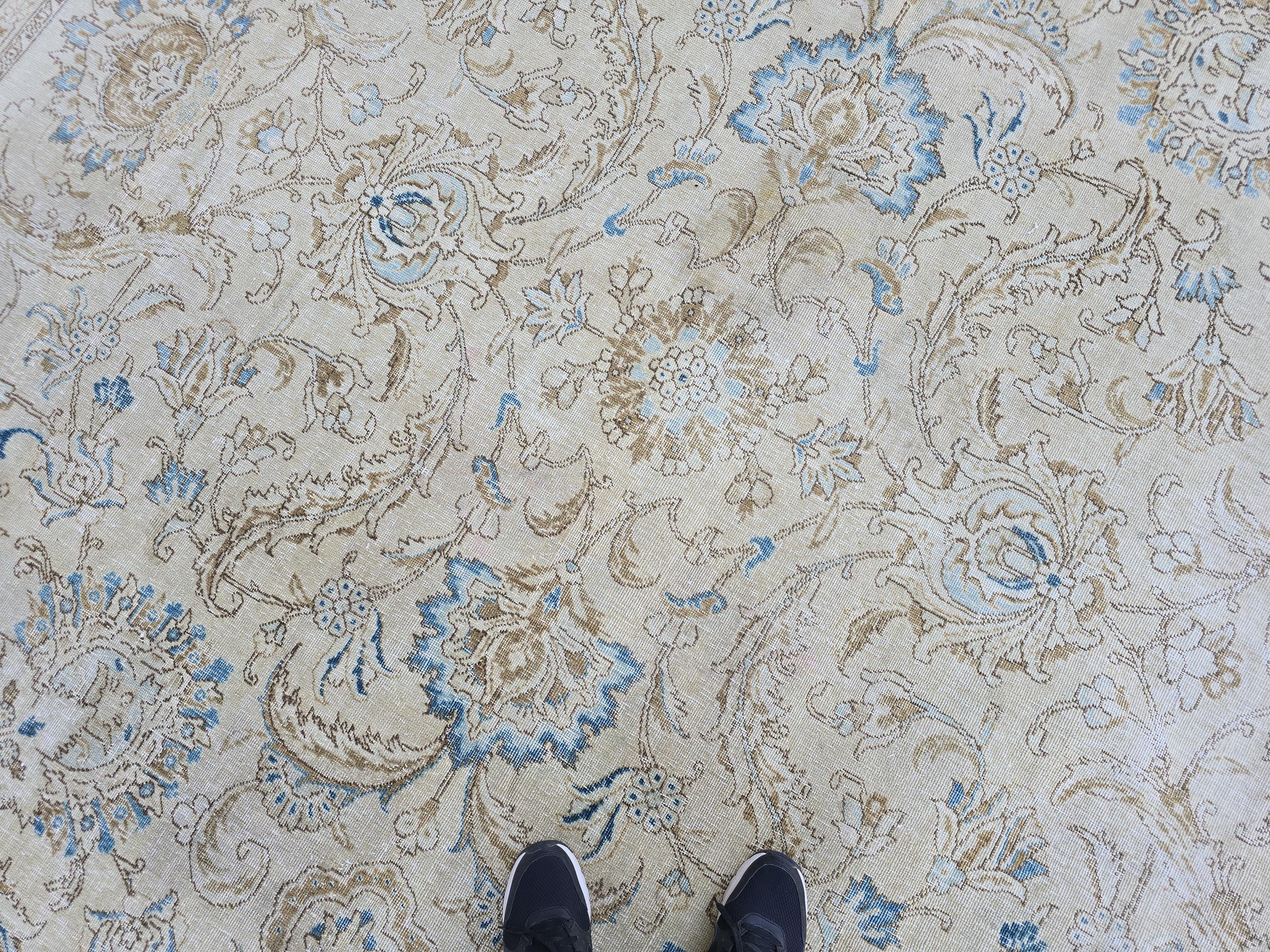 Vintage Rug 11x13 Cream Blue Floral Turkish Oushak Carpet Hand Knotted Bedroom Living Room