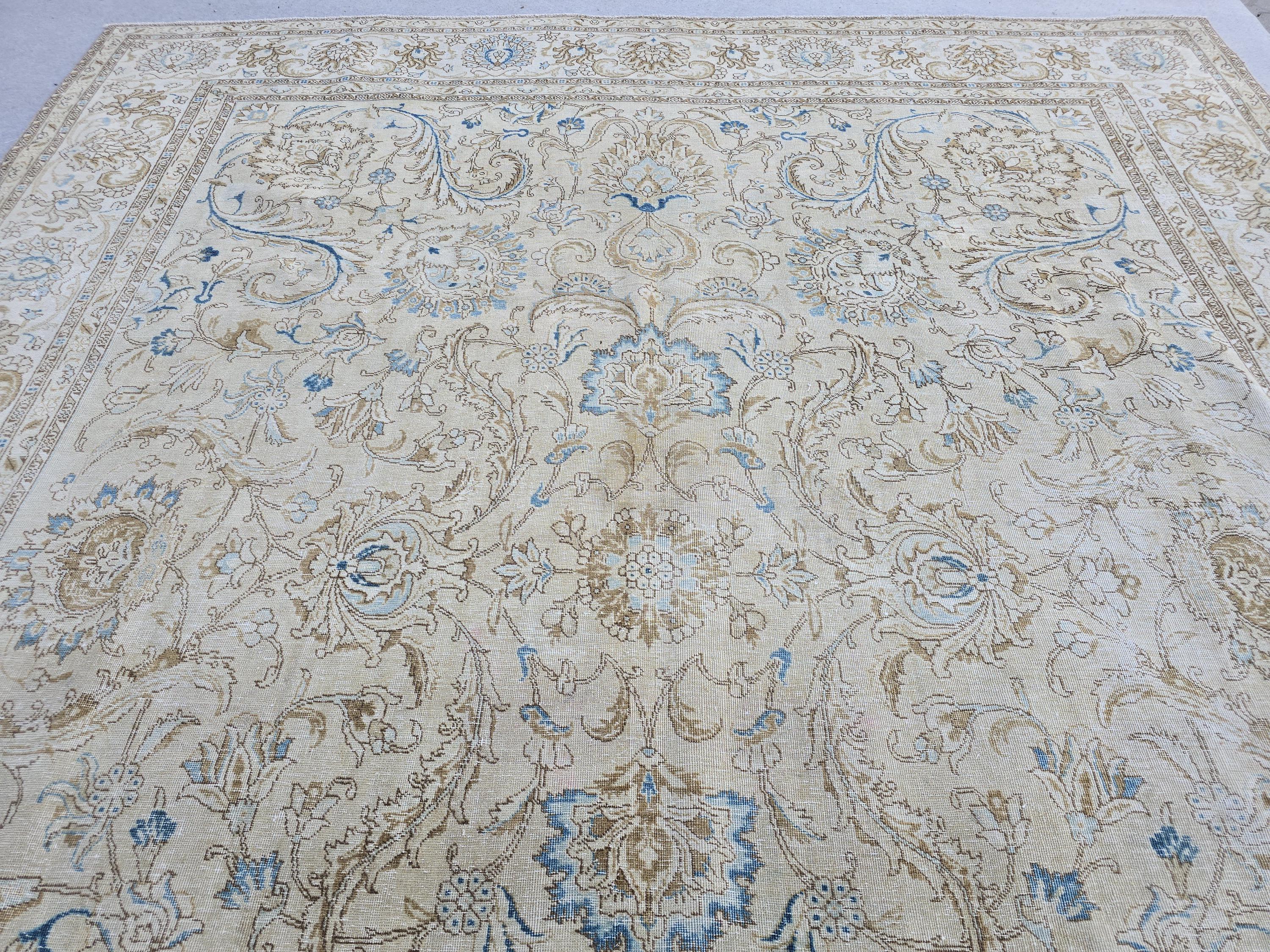 Vintage Rug 11x13 Cream Blue Floral Turkish Oushak Carpet Hand Knotted Bedroom Living Room