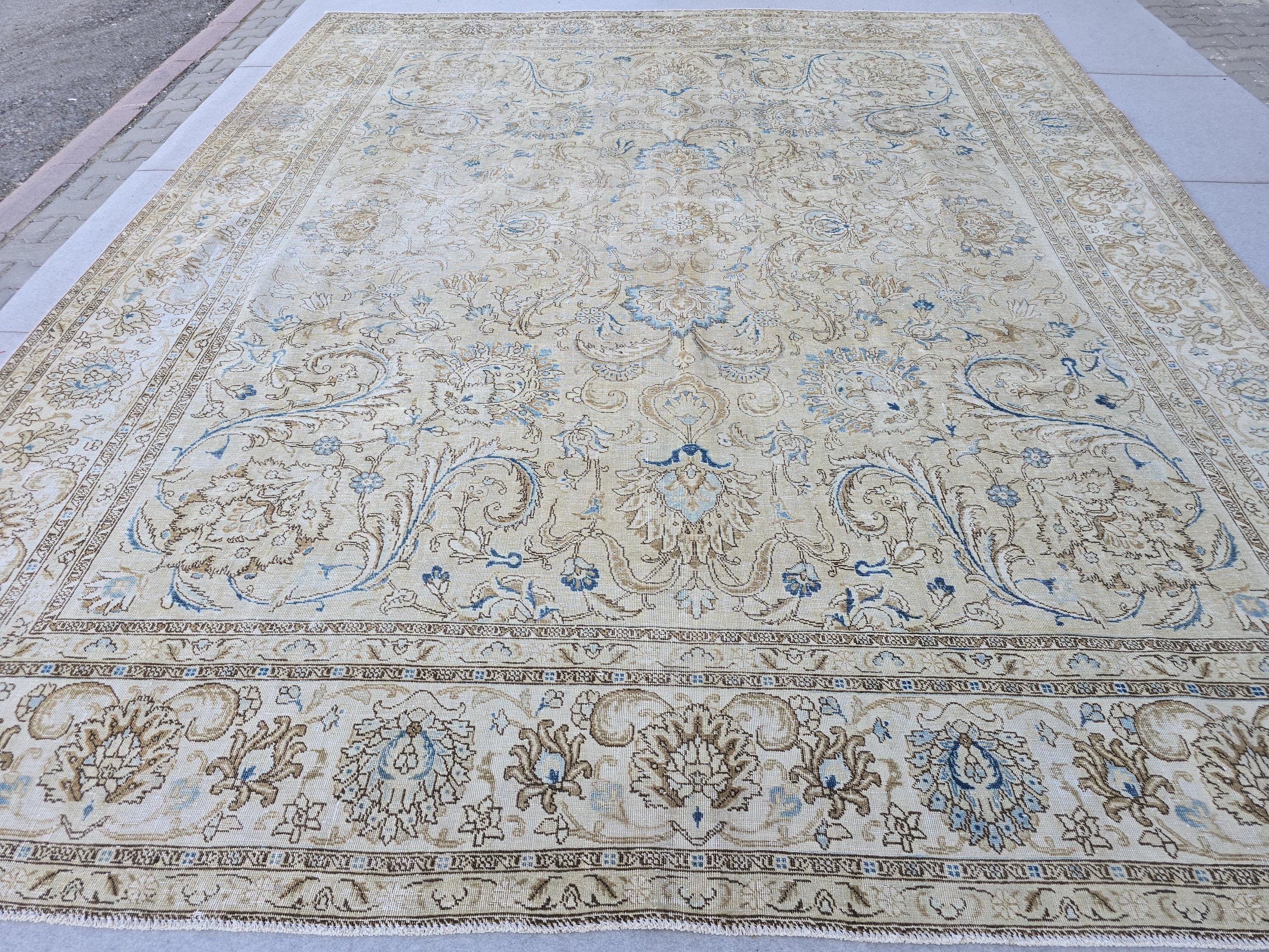 Vintage Rug 11x13 Cream Blue Floral Turkish Oushak Carpet Hand Knotted Bedroom Living Room