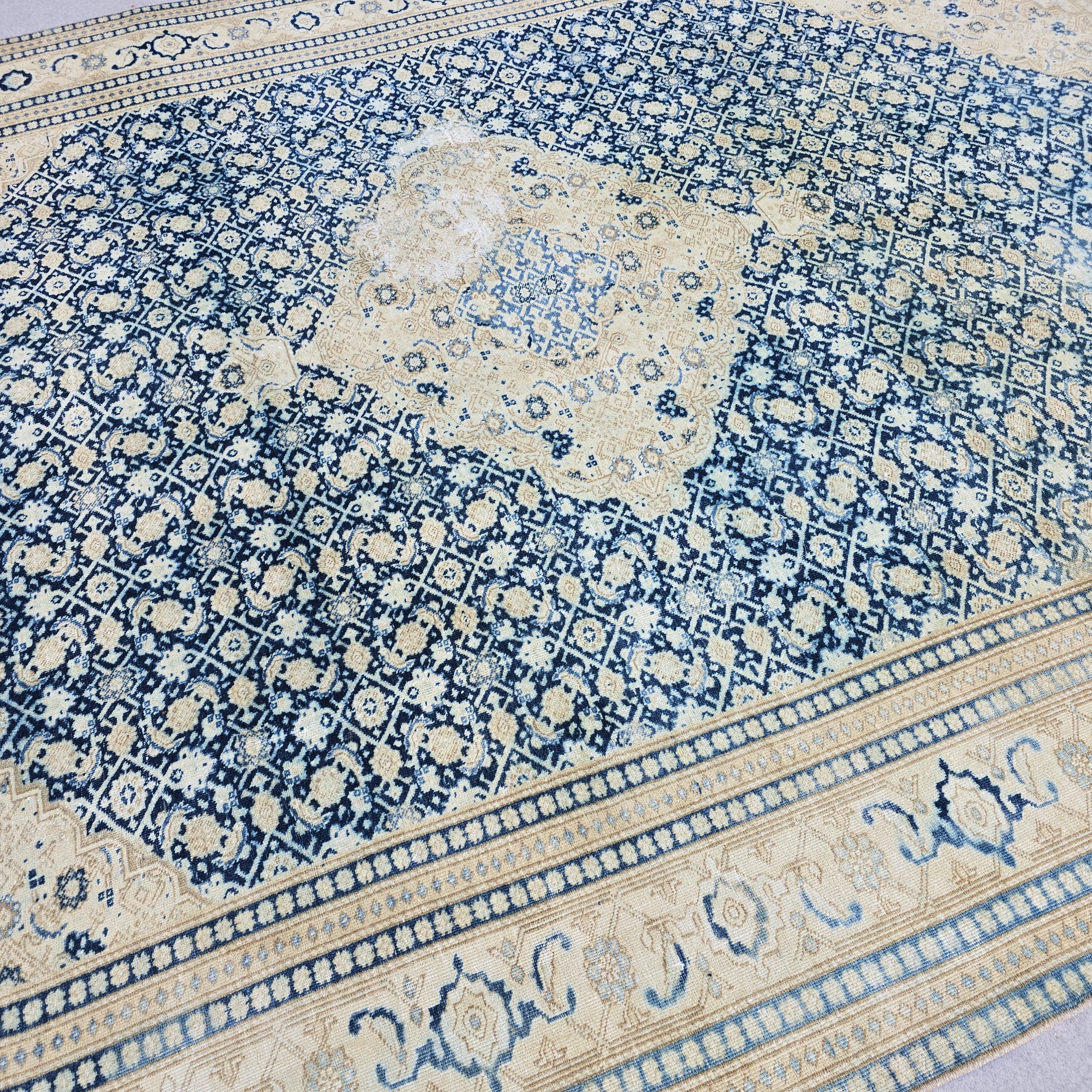 Oushak Rug 9x12 Beige Blue Medallion Antique Turkish Carpet Hand Knotted Oriental Living Room