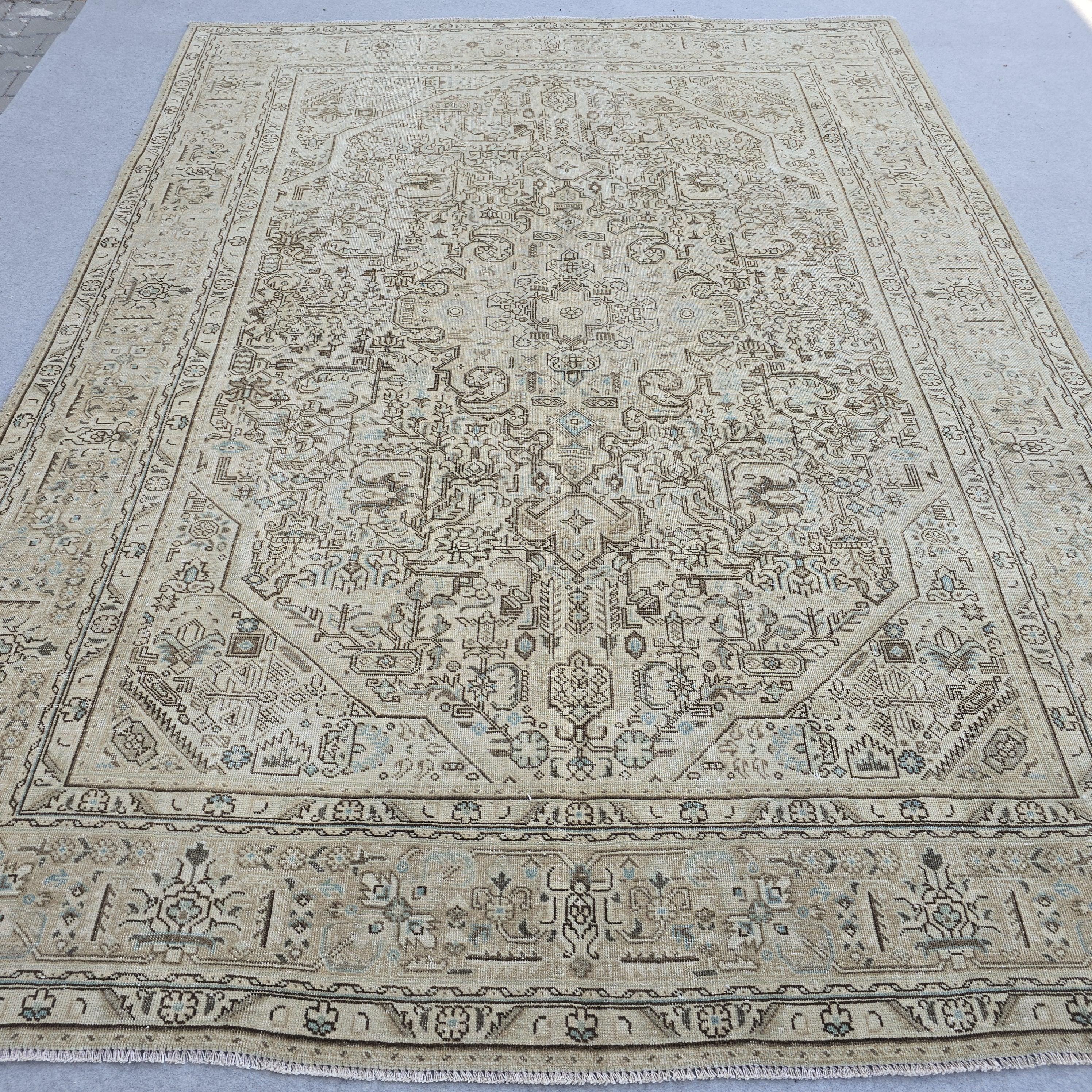 Oushak Rug 8x11 Muted Beige Heriz Medallion Hand Knotted Vintage Wool Area Carpet