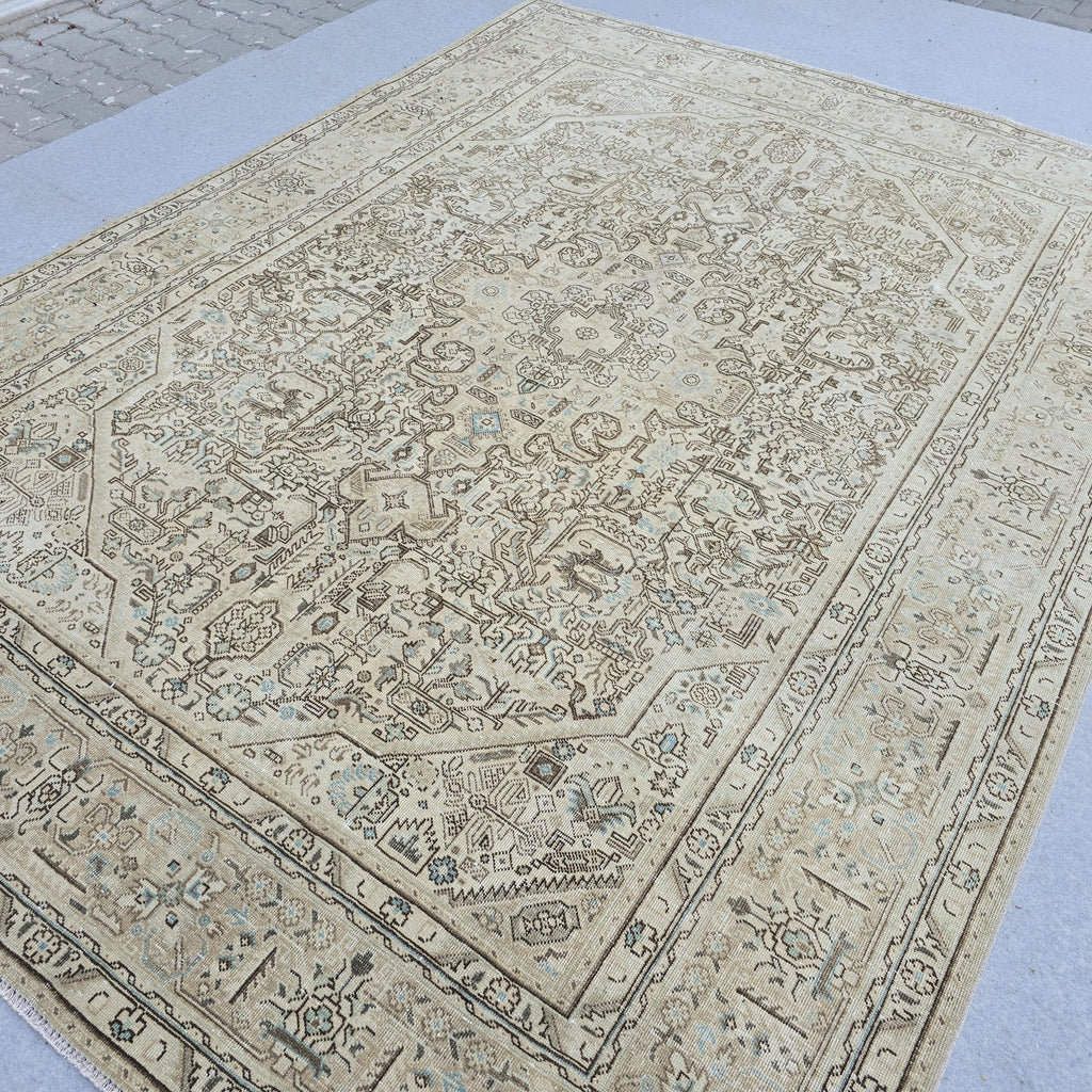 Oushak Rug 8x11 Muted Beige Heriz Medallion Hand Knotted Vintage Wool Area Carpet
