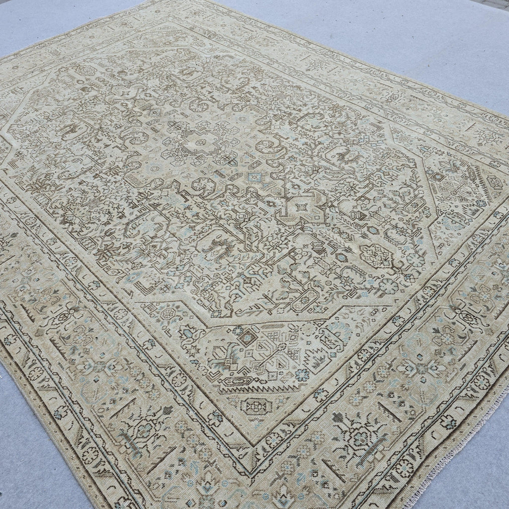 Oushak Rug 8x11 Muted Beige Heriz Medallion Hand Knotted Vintage Wool Area Carpet