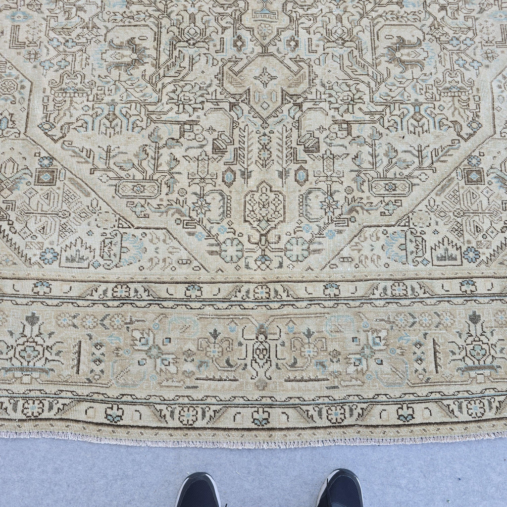 Oushak Rug 8x11 Muted Beige Heriz Medallion Hand Knotted Vintage Wool Area Carpet