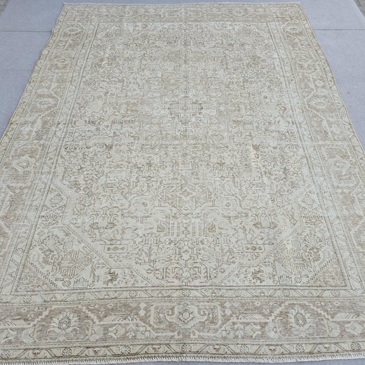 Neutral Oushak Rug 9x12: Vintage Hand-Knotted Turkish Wool Carpet