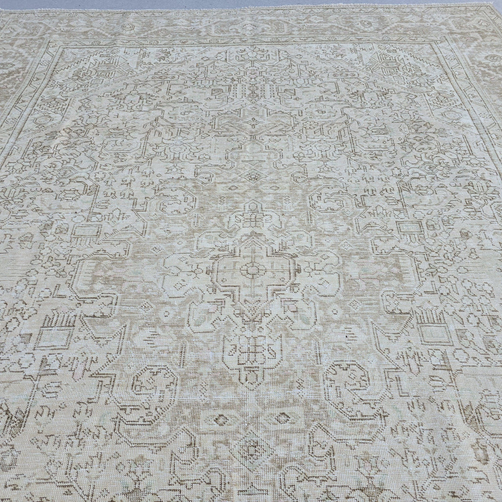 Neutral Oushak Rug 9x12: Vintage Hand-Knotted Turkish Wool Carpet
