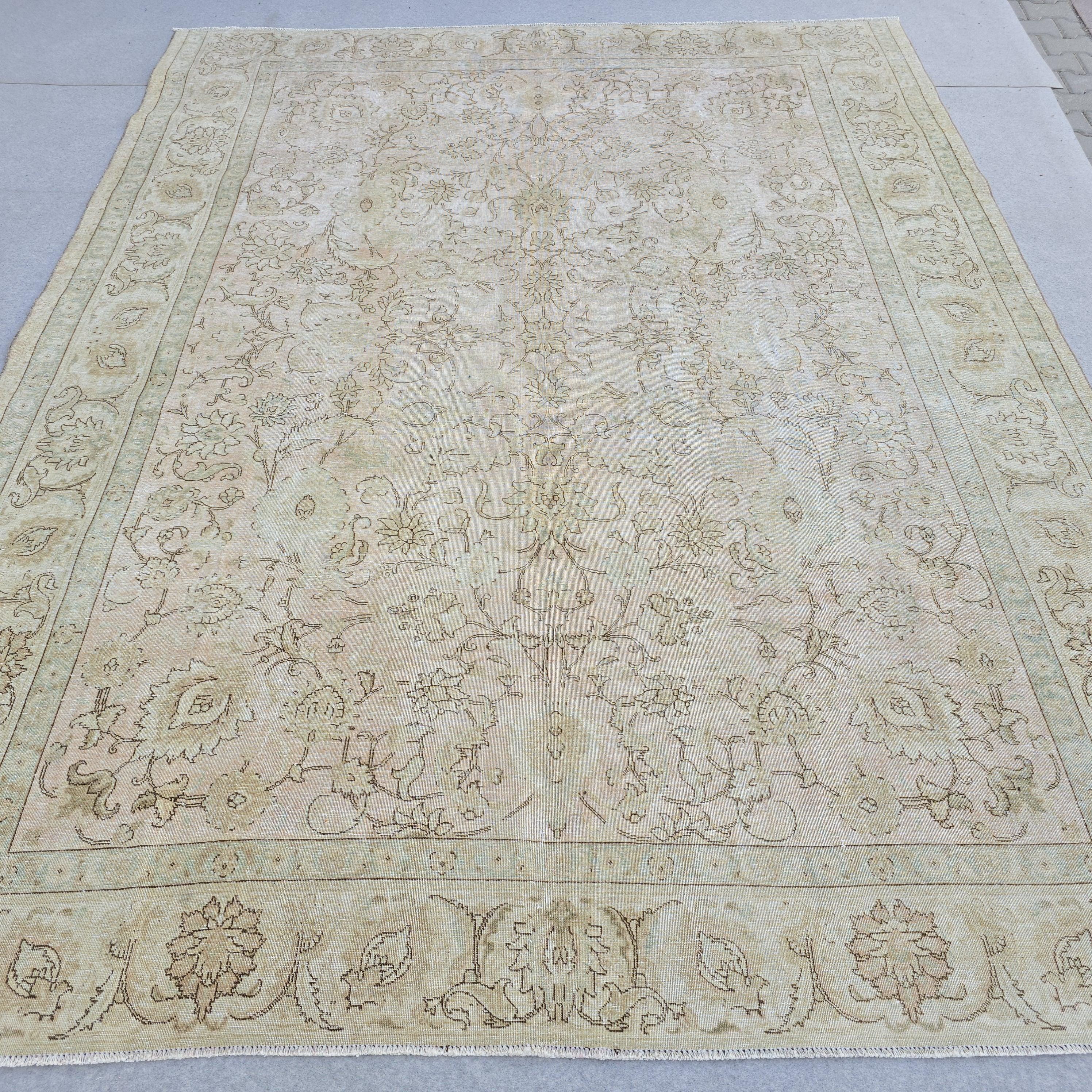 Turkish Rug 9x12 Soft Pink Beige Floral Vintage Hand Knotted Oushak Living Room Carpet