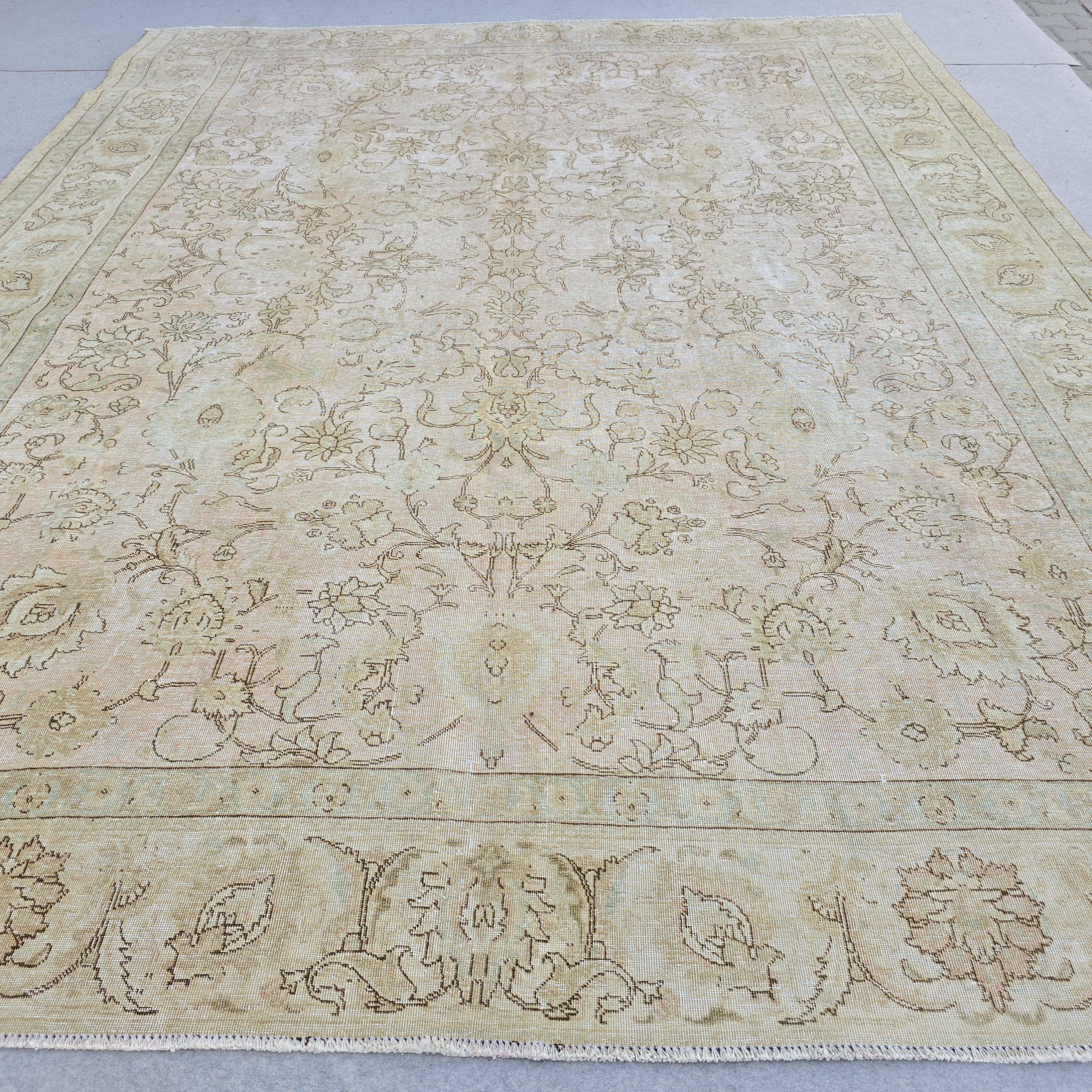 Turkish Rug 9x12 Soft Pink Beige Floral Vintage Hand Knotted Oushak Living Room Carpet