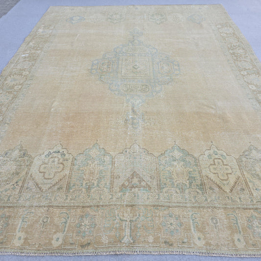 9x12 Turkish Rug Muted Blue Cream Beige Persian Area Rug Bedroom Scandinavian Decor