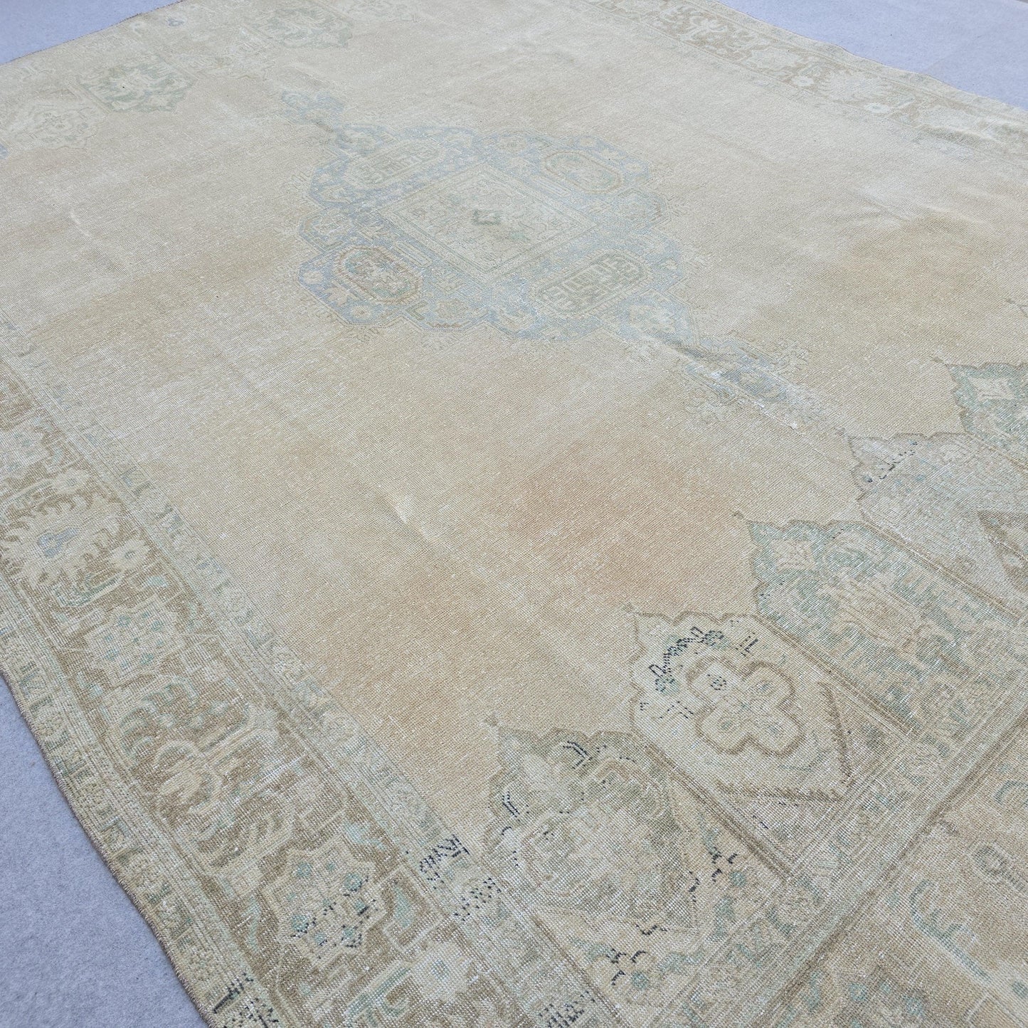 9x12 Turkish Rug Muted Blue Cream Beige Persian Area Rug Bedroom Scandinavian Decor
