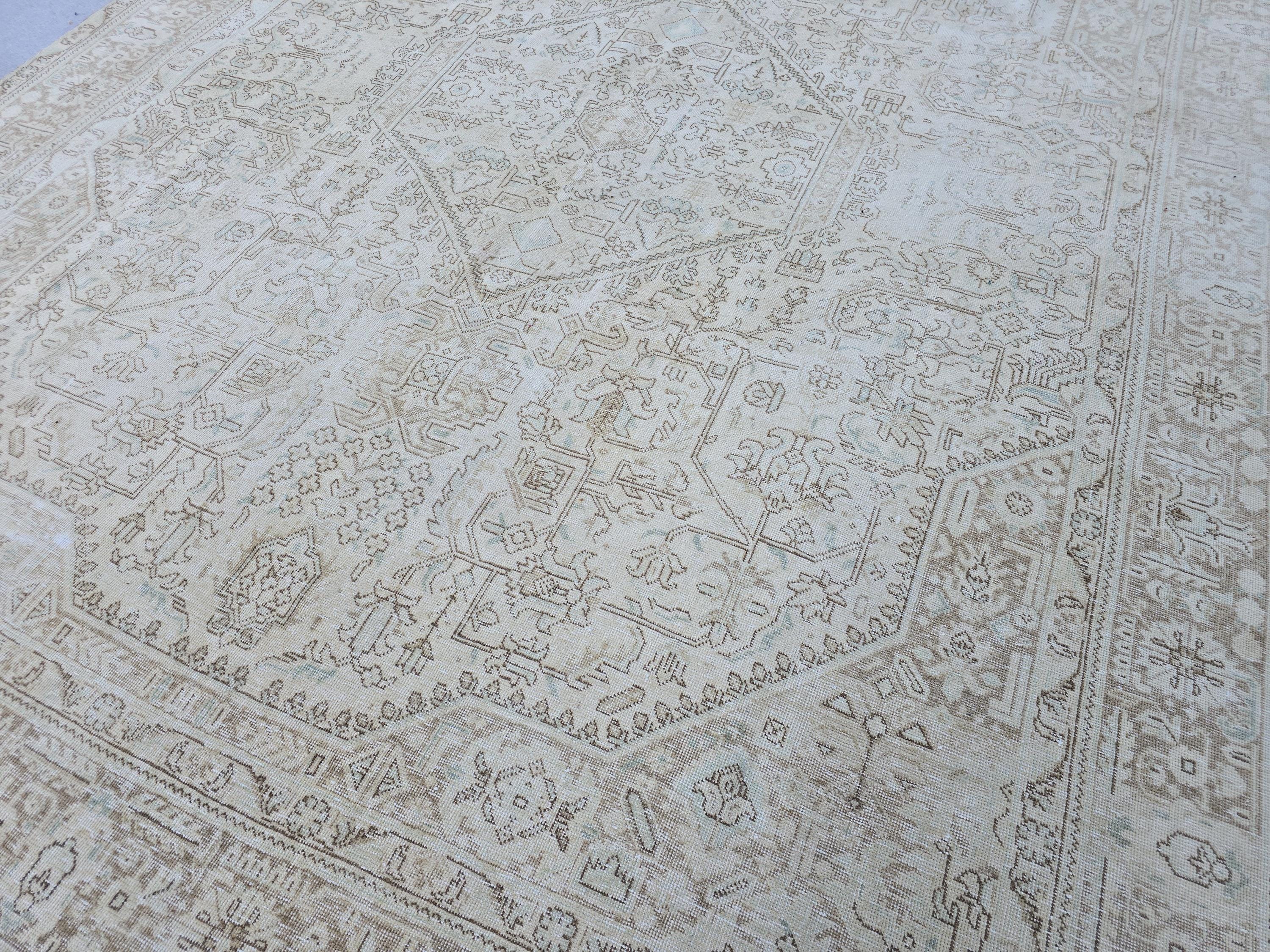 Oversized Vintage Rug 10x12 Persian Oushak Medallion Hand Knotted Neutral Wool