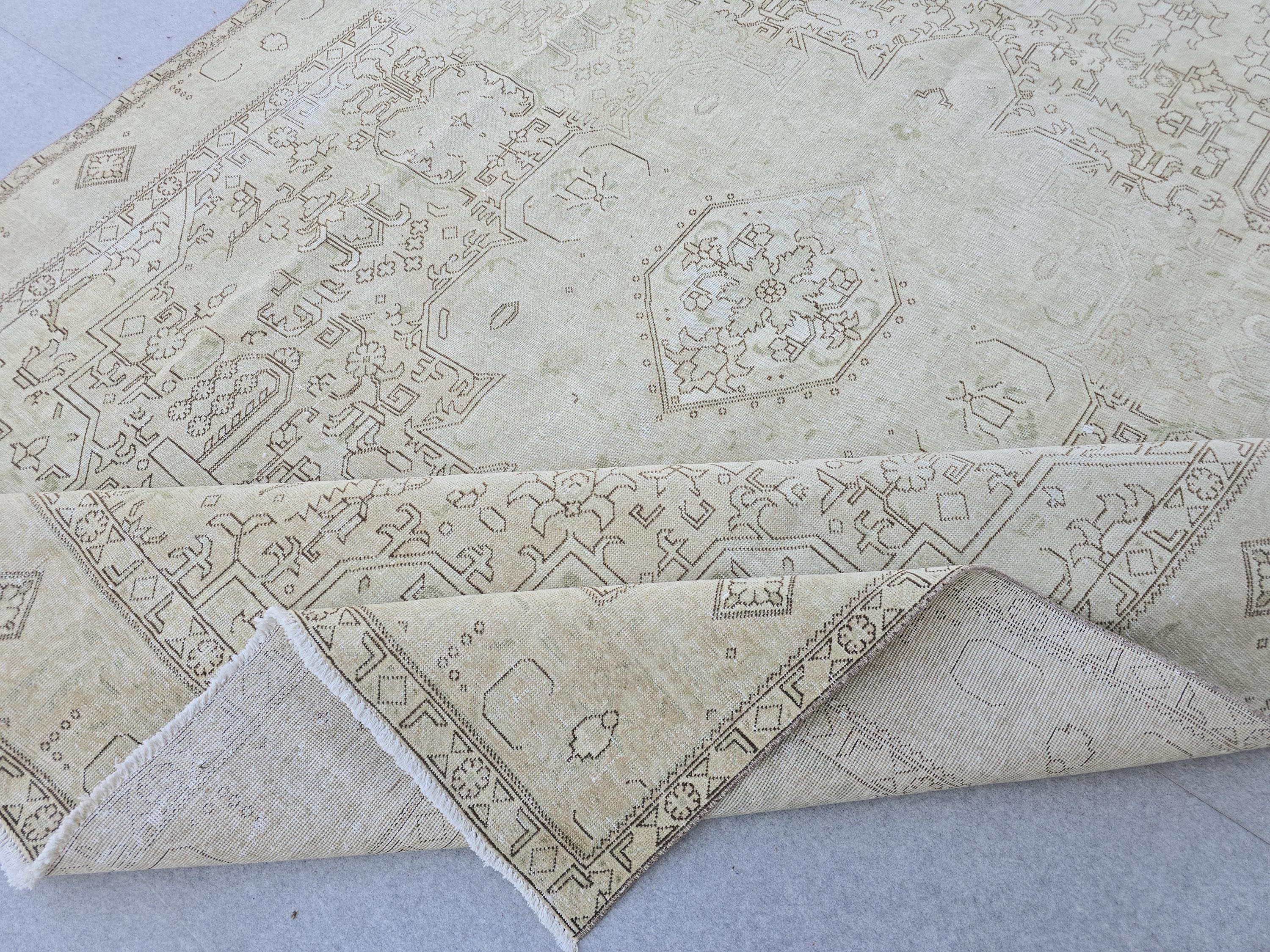 9x13 Turkish Rug Neutral Cream Geometric Hand Knotted Vintage Wool Area Rug