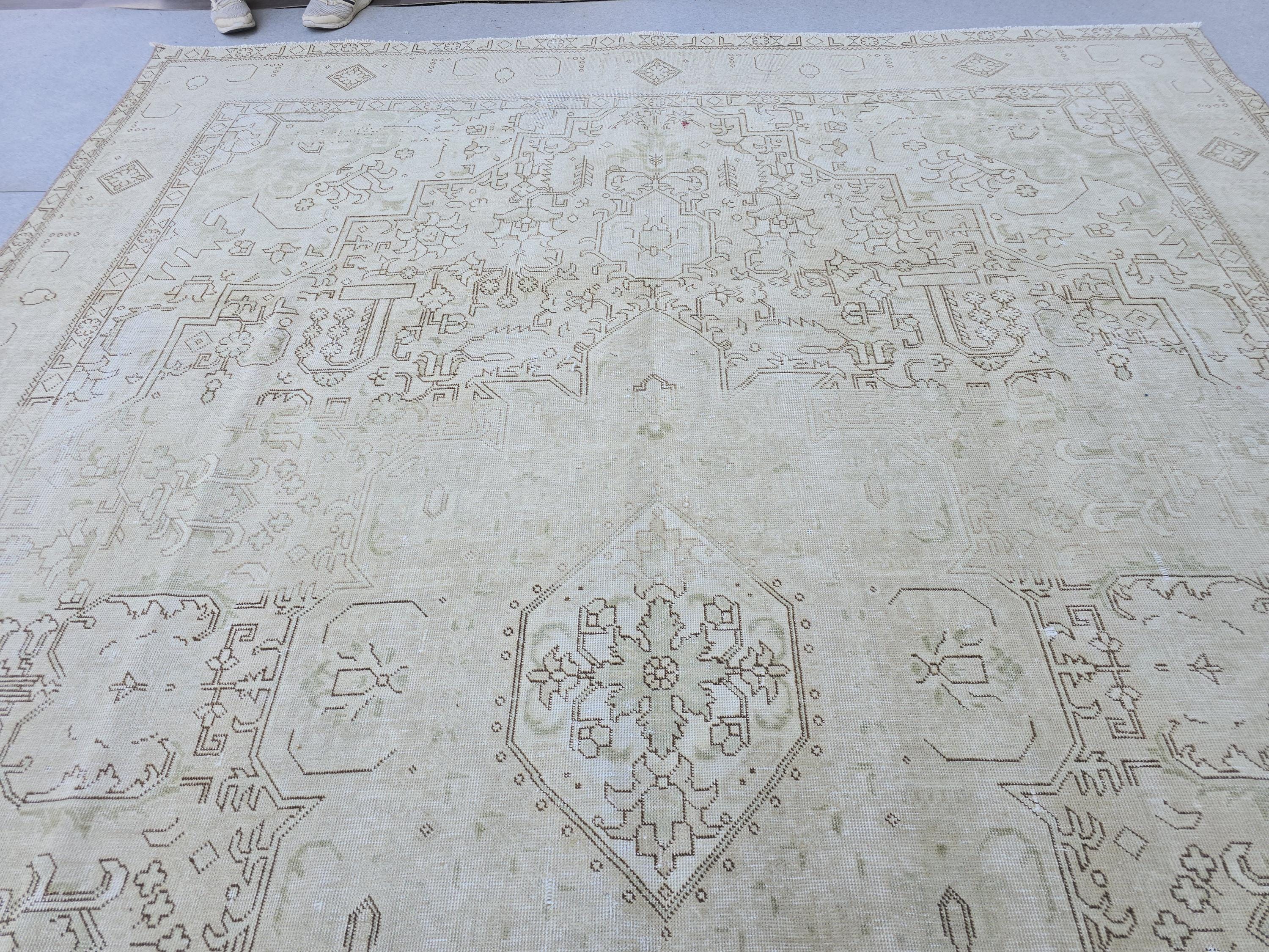 9x13 Turkish Rug Neutral Cream Geometric Hand Knotted Vintage Wool Area Rug