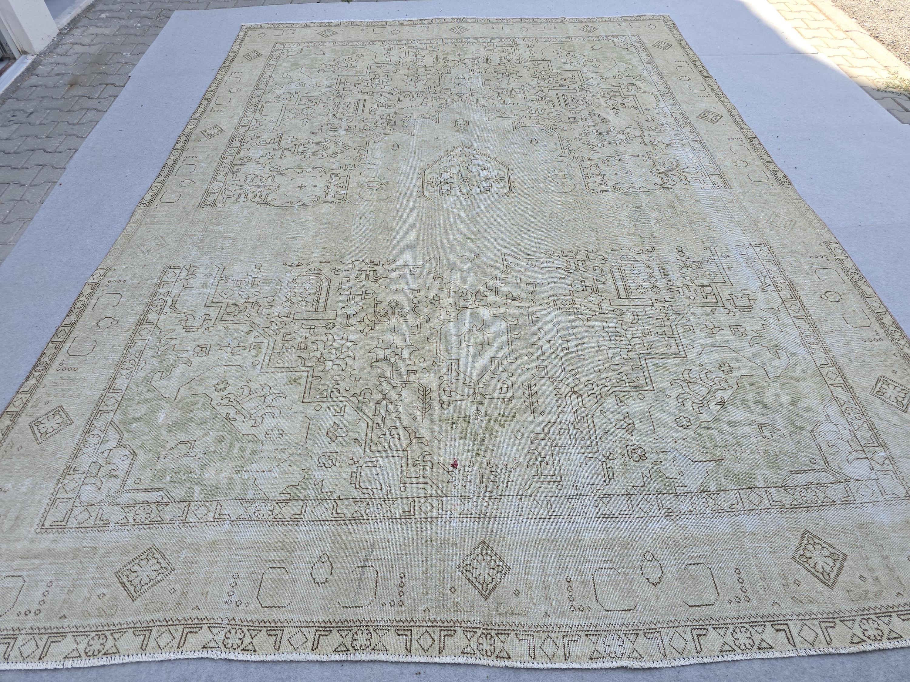 9x13 Turkish Rug Neutral Cream Geometric Hand Knotted Vintage Wool Area Rug