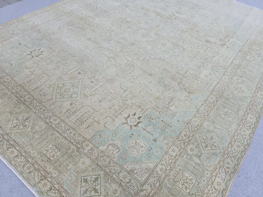Muted Vintage Rug 10x12 Cream Turquoise Turkish Hand Knotted Wool Area Carpet