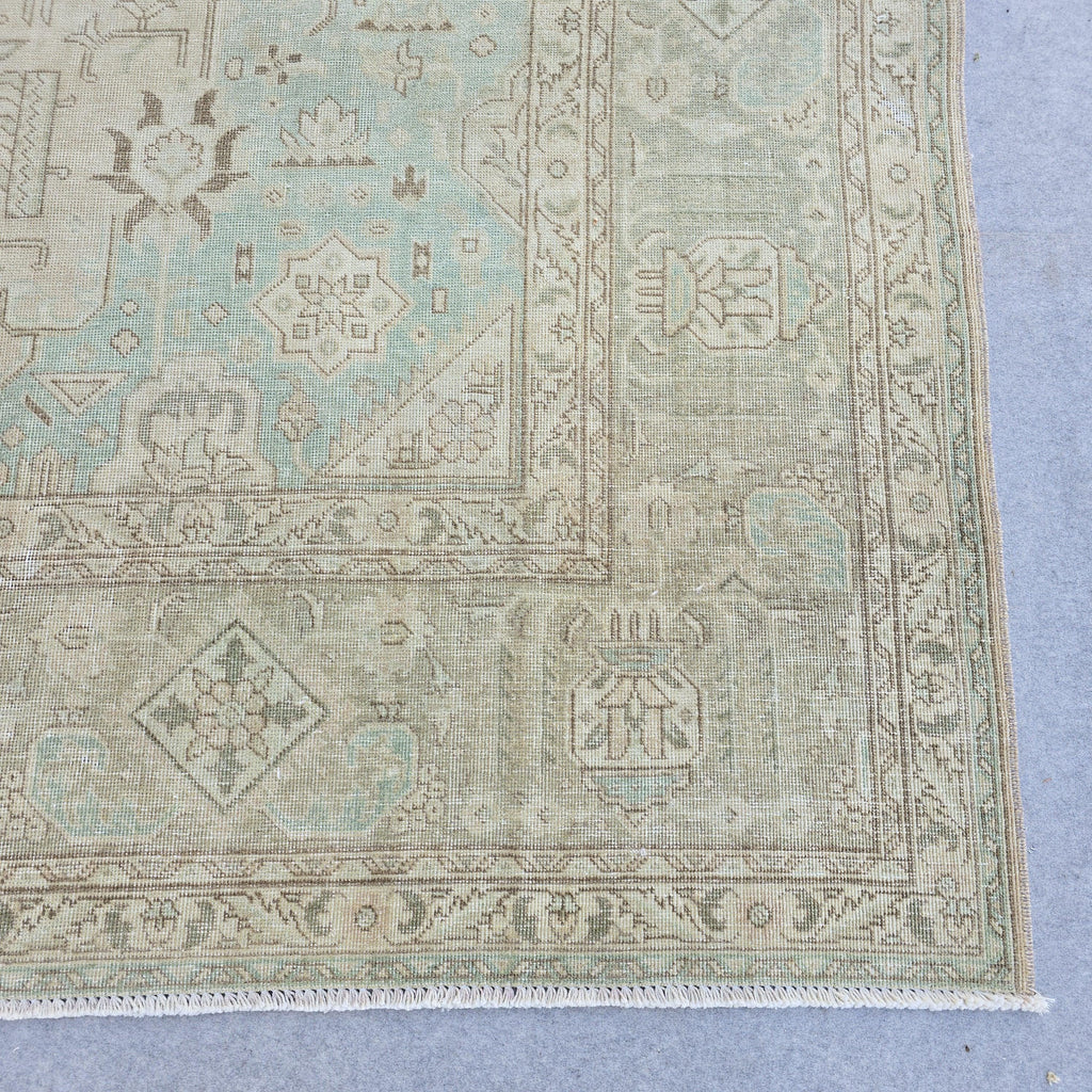 Muted Vintage Rug 10x12 Cream Turquoise Turkish Hand Knotted Wool Area Carpet