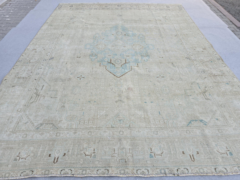 Oushak Rug 10x13 Light Blue Cream Medallion Vintage Turkish Hand Knotted Wool