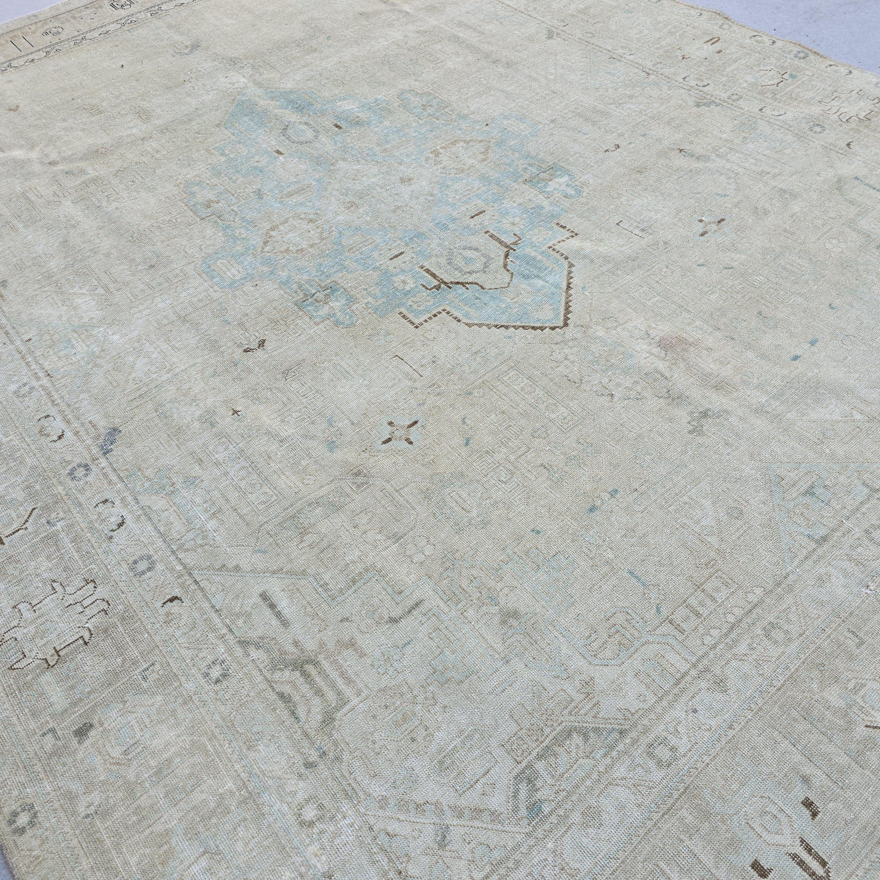 Oushak Rug 10x13 Light Blue Cream Medallion Vintage Turkish Hand Knotted Wool