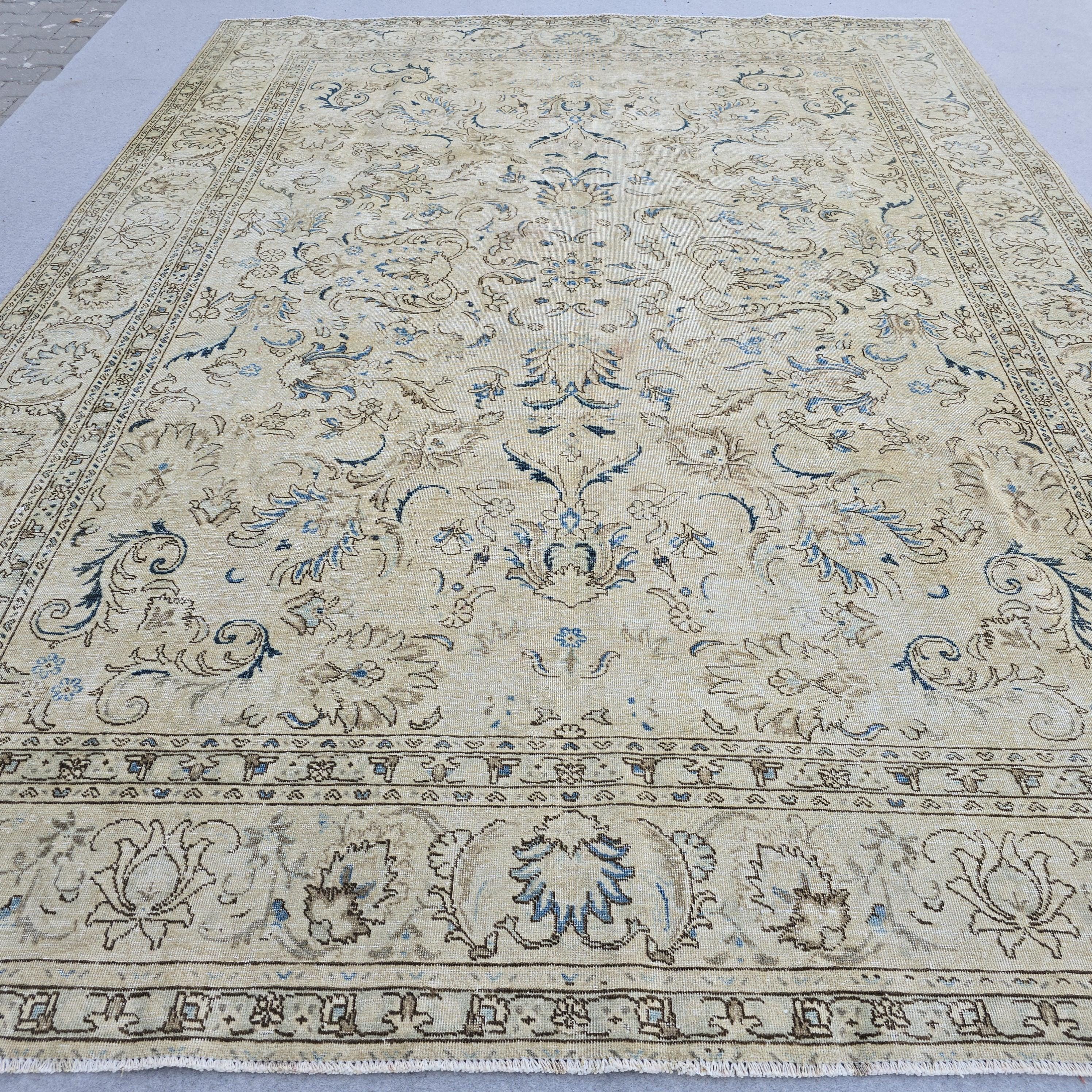 Persian Rug 9x12 Cream Blue Floral Vintage Hand Knotted Wool Area Carpet