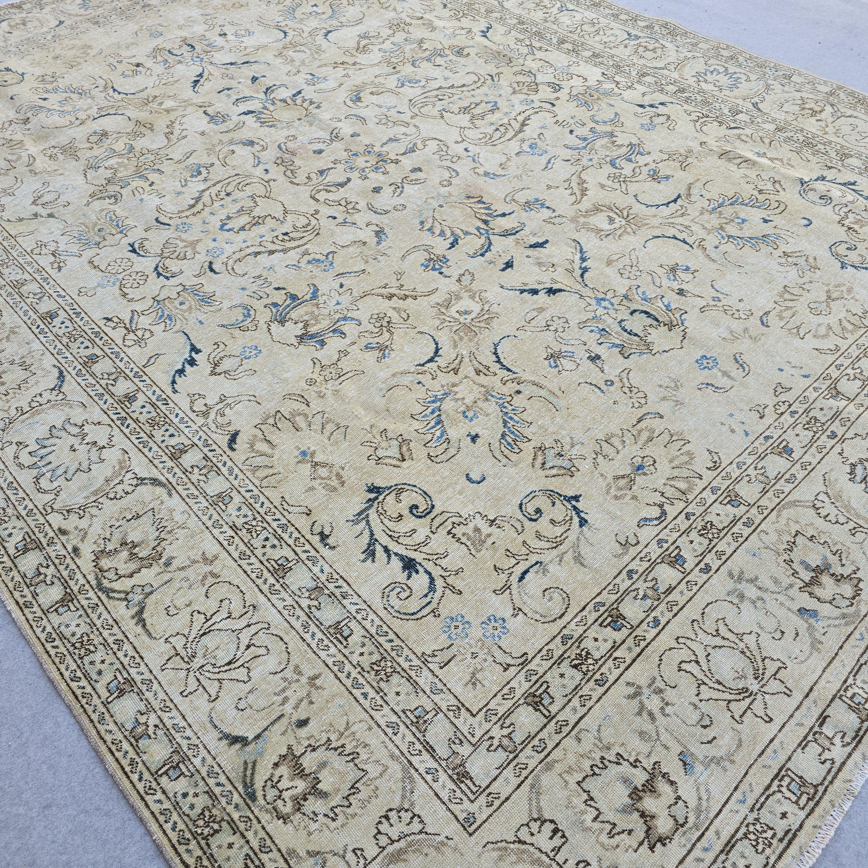 Persian Rug 9x12 Cream Blue Floral Vintage Hand Knotted Wool Area Carpet