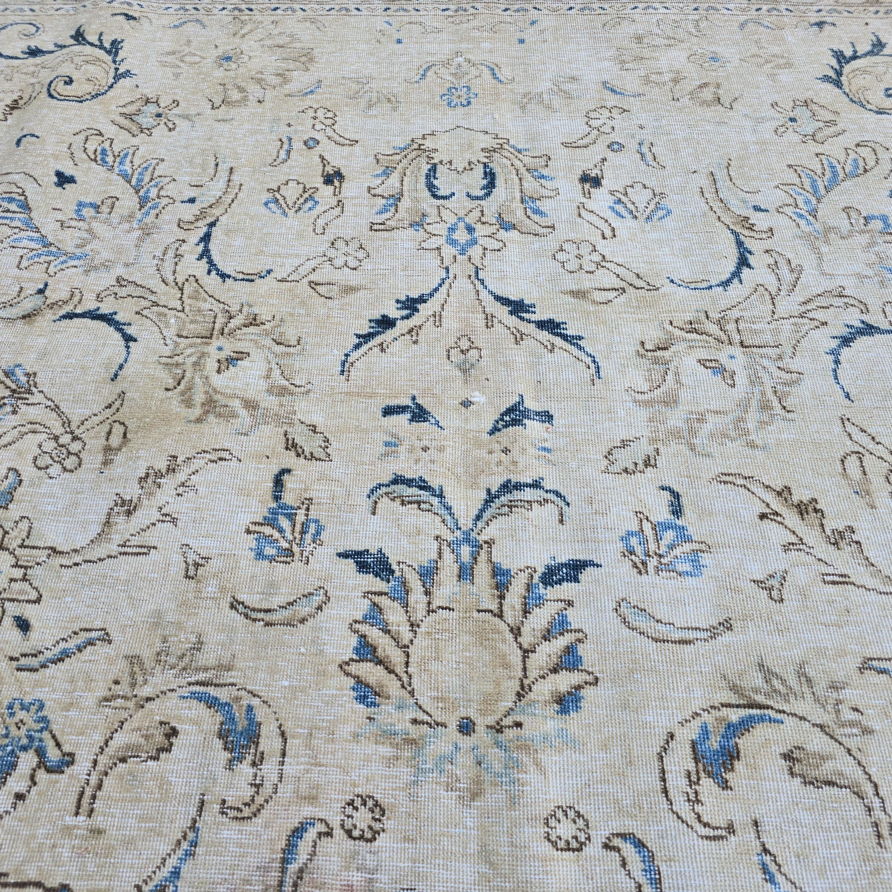 Persian Rug 9x12 Cream Blue Floral Vintage Hand Knotted Wool Area Carpet