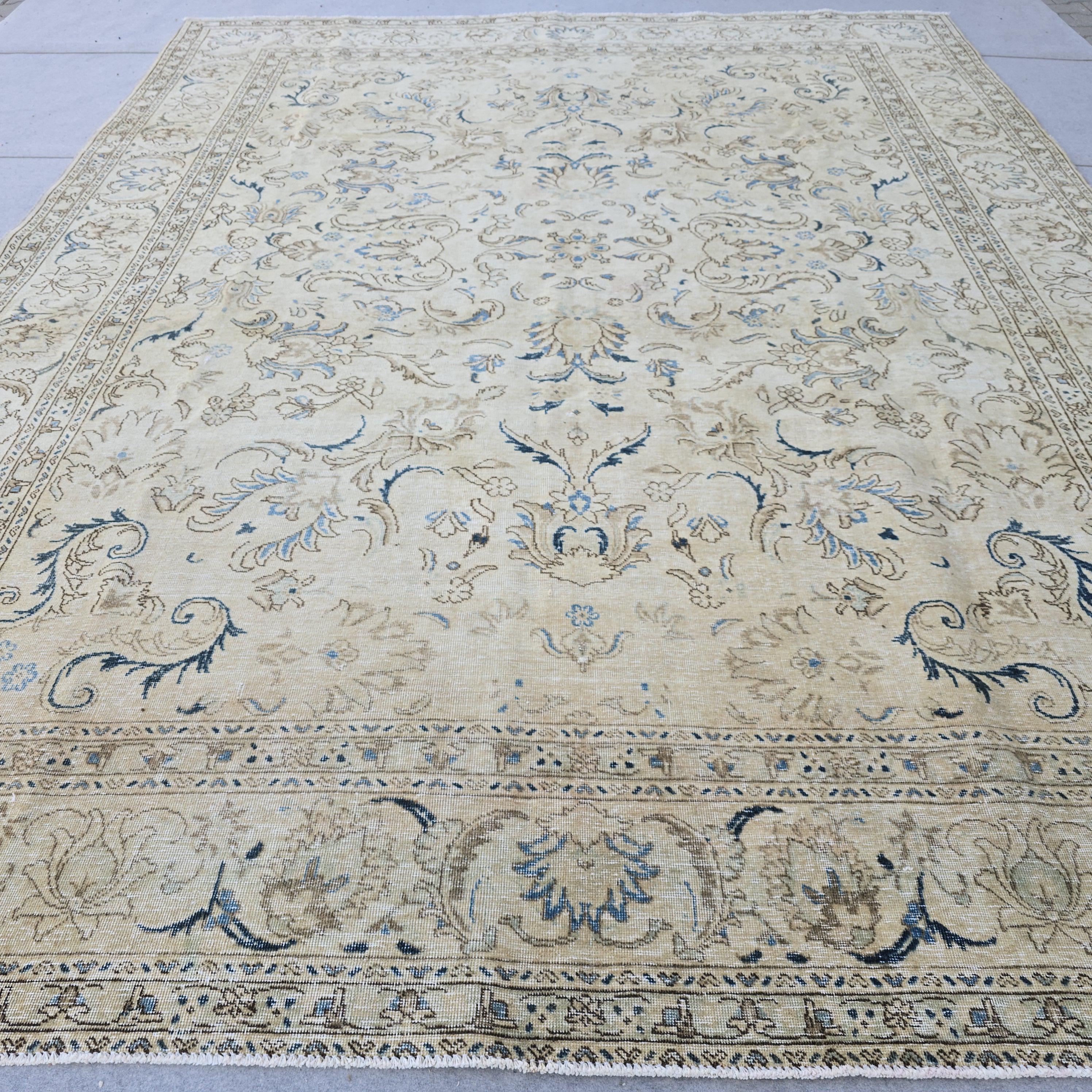9x12 Large Oushak Area Rug for Livingroom and Bedroom/ Handmade Wool Turkish Rug/ Oversize Vintage Carpet Floral Design Beige Cream Blue