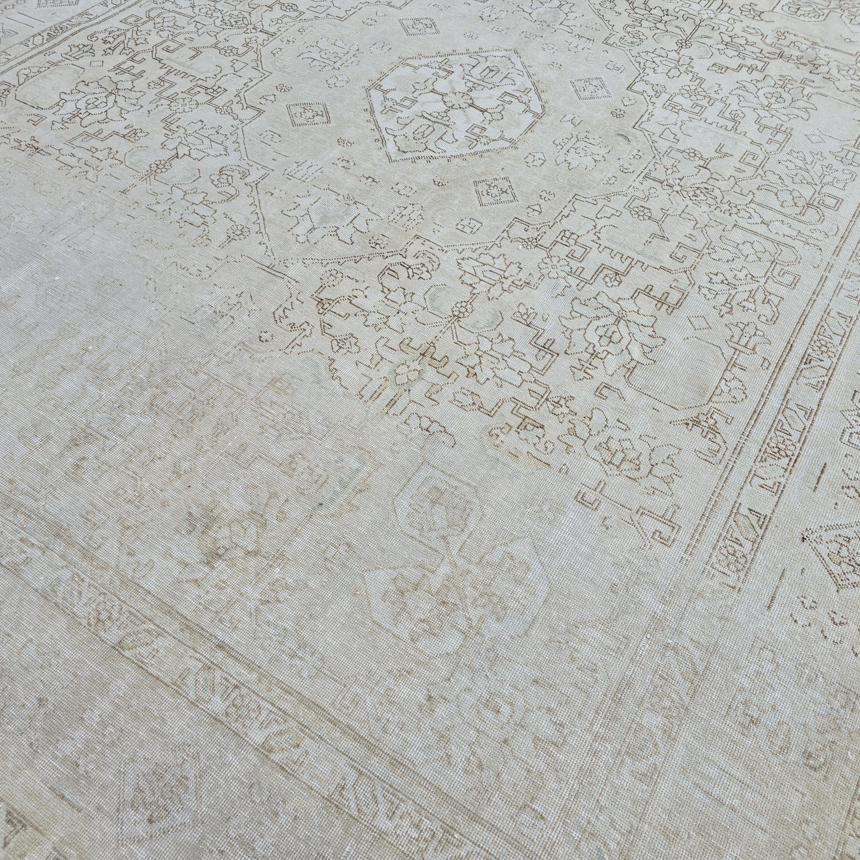 Neutral Vintage Rug 9x12 Cream Geometric Medallion Hand Knotted Turkish Wool Muted Rug