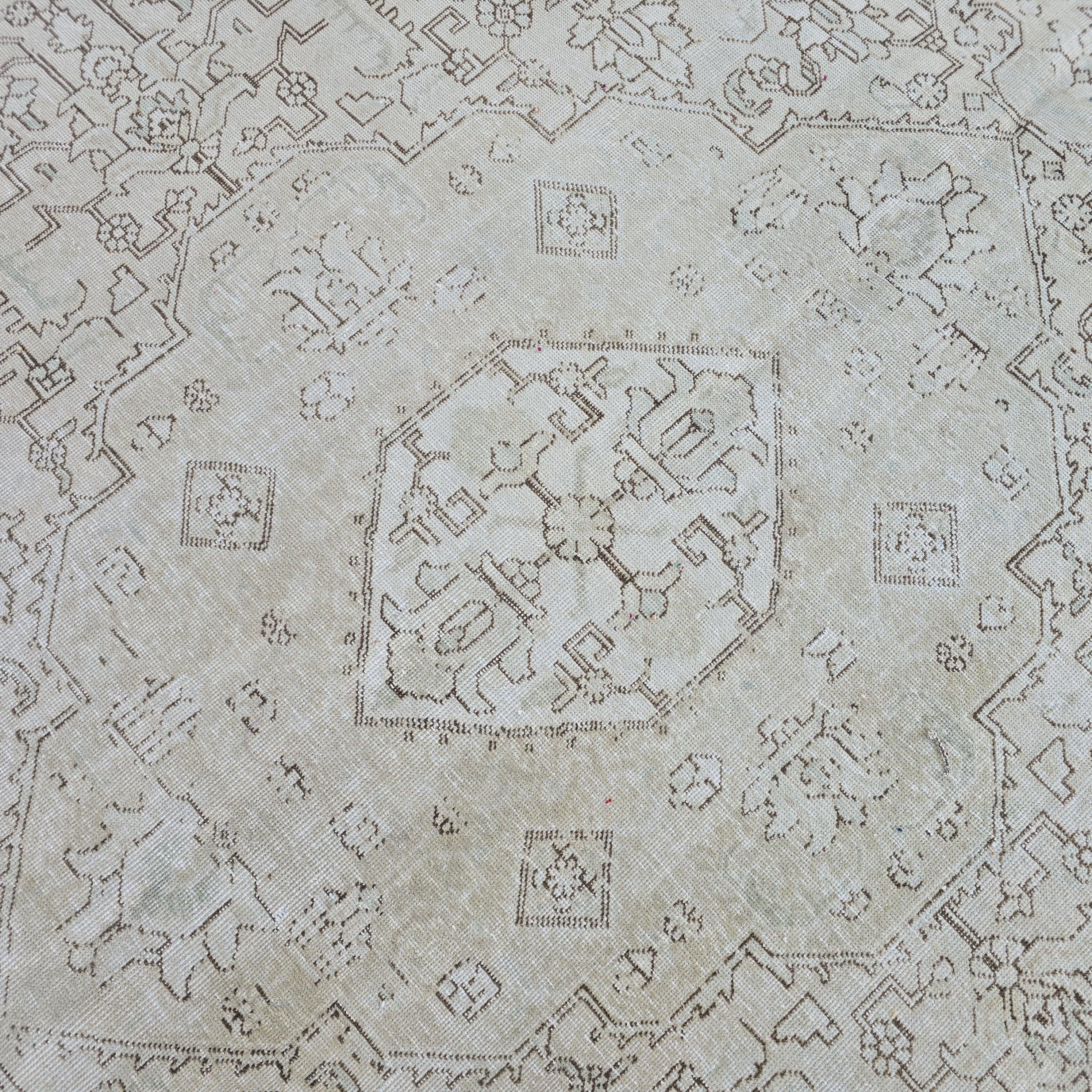 Neutral Turkish Rug 9x12, Vintage Cream Geometric Medallion Hand Knotted Turkish Wool Muted Rug