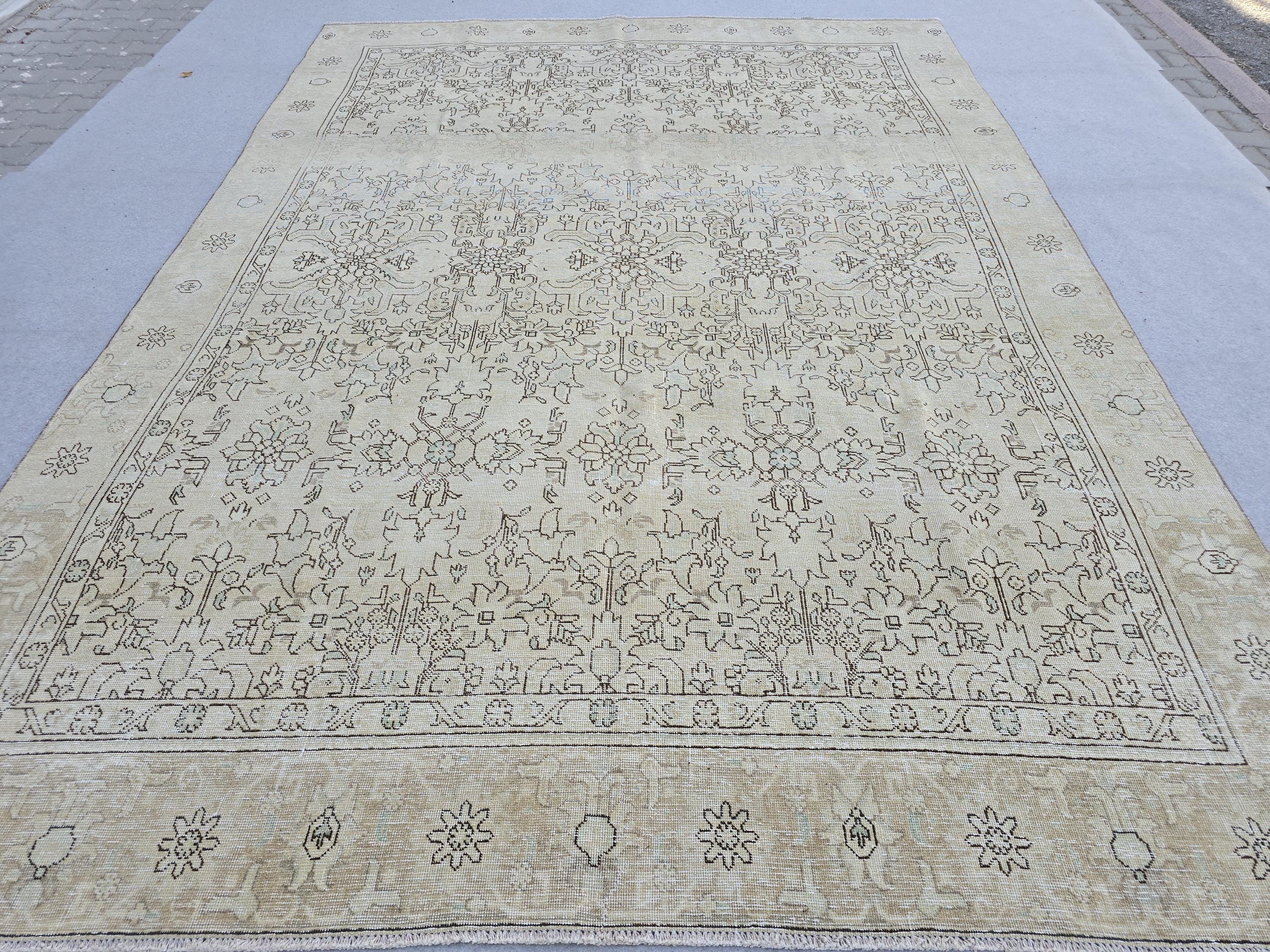 8.70x12.20 feet Cream Beige Floral Hand Knotted Vintage Turkish Wool Area Rug