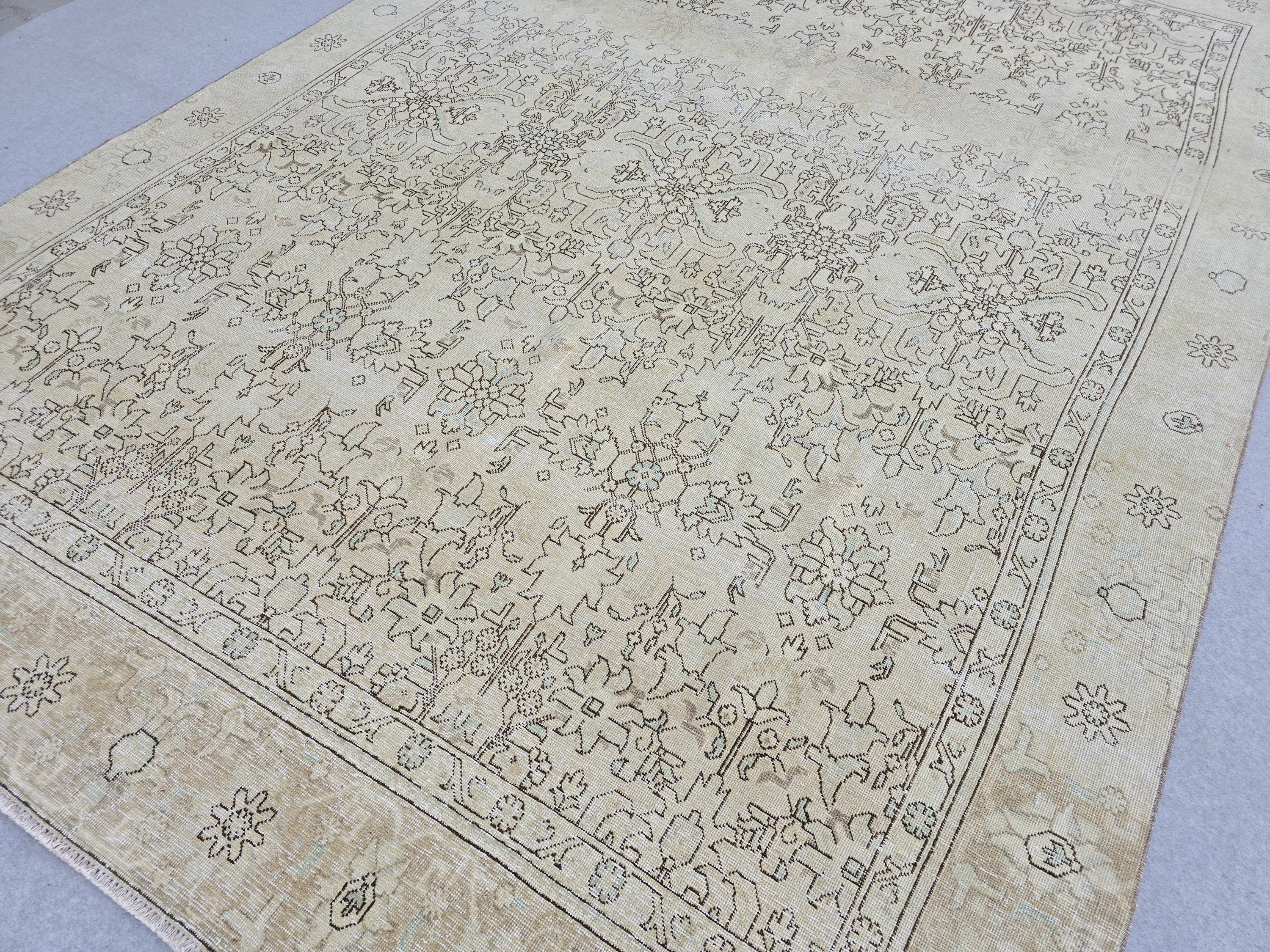 8.70x12.20 feet Cream Beige Floral Hand Knotted Vintage Turkish Wool Area Rug