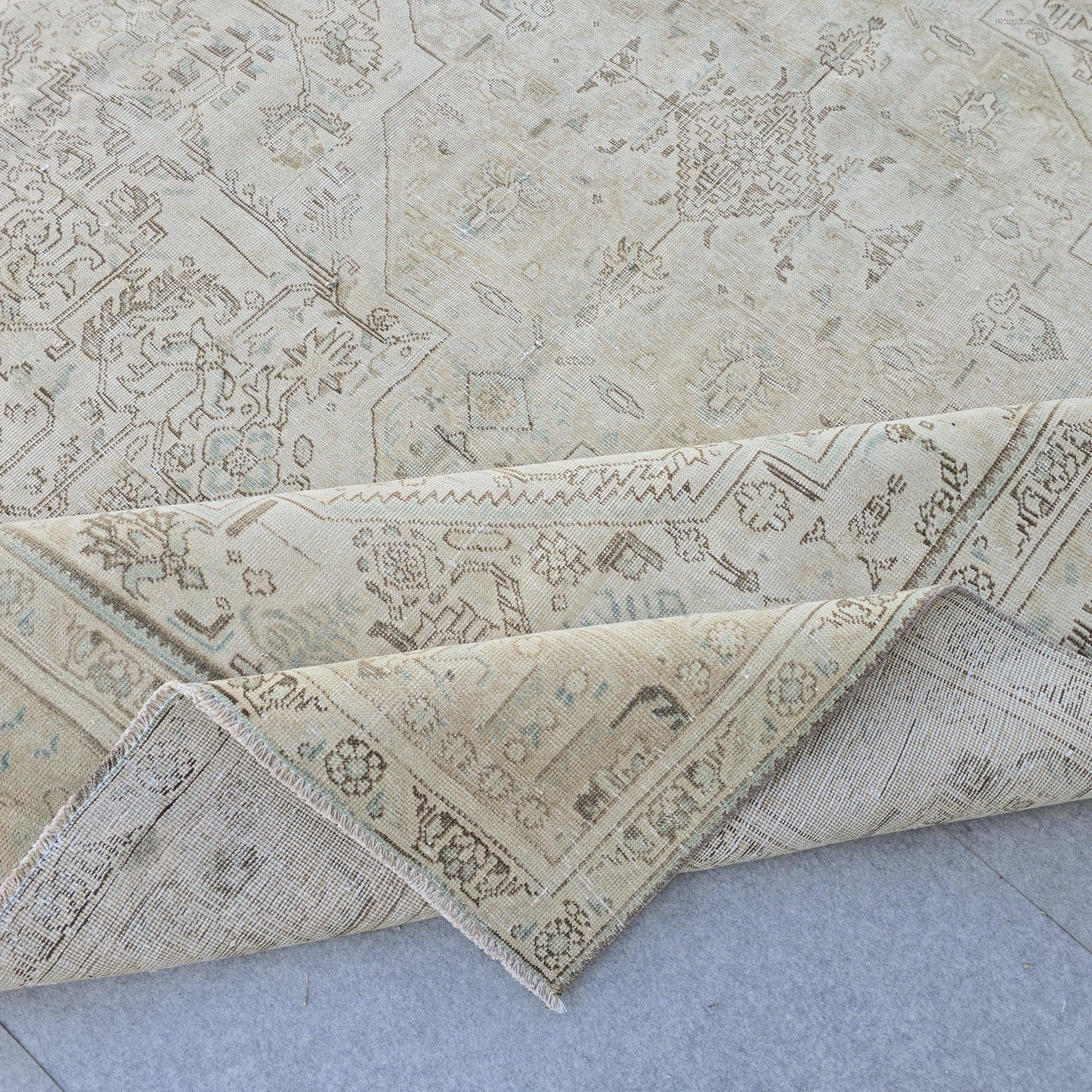 Vintage Hand-Knotted Oushak Rug: Neutral Beige & Brown, 9.7x12.5 ft.