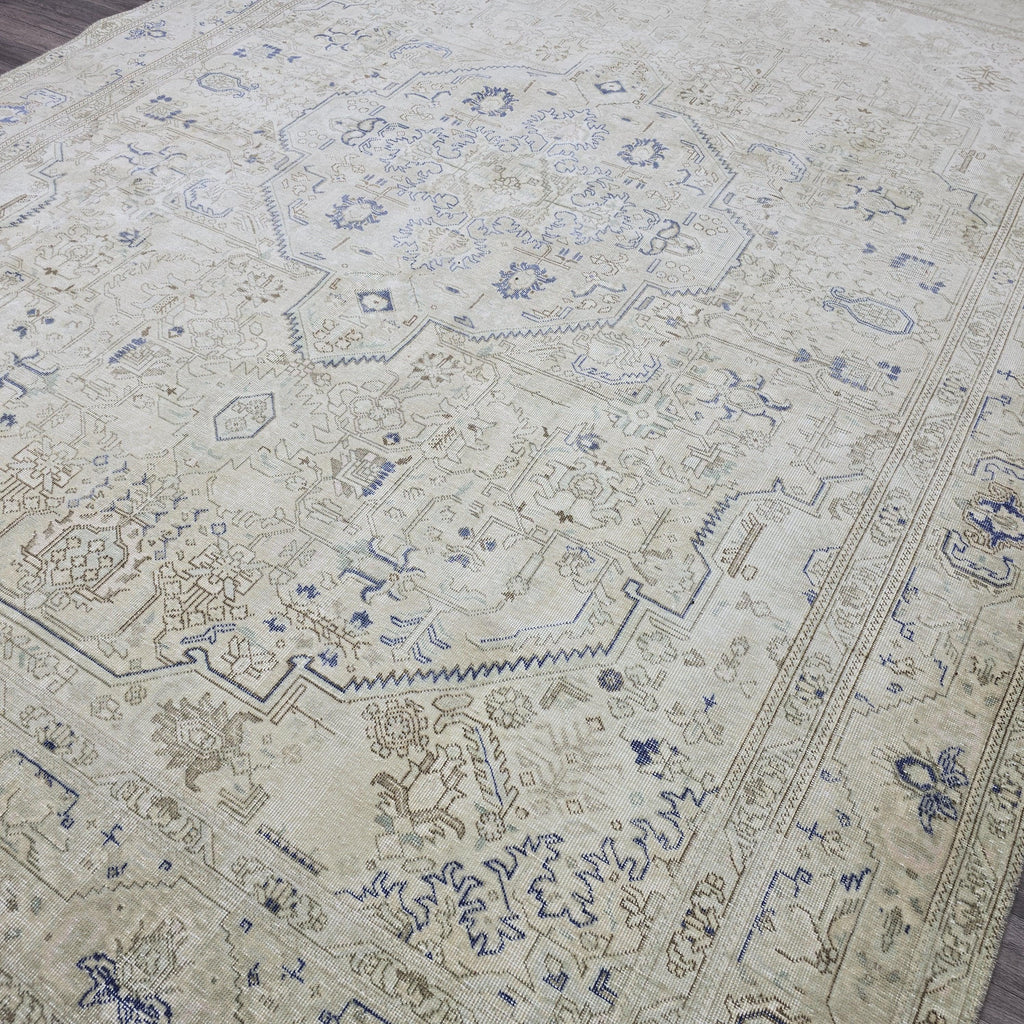 Antique Turkish Rug 10x12 Blue Cream Medallion Vintage Wool Area Rug Bedroom