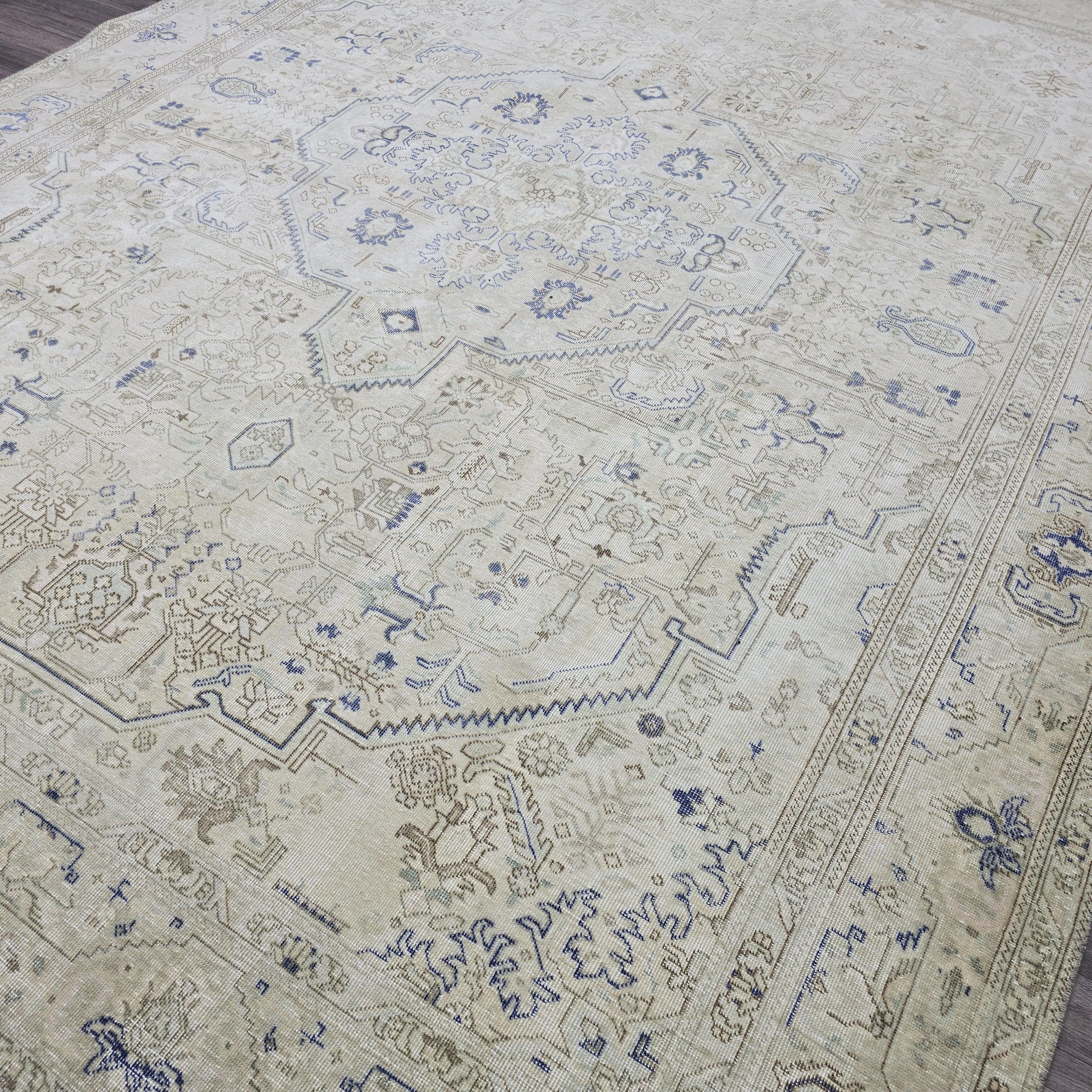 Antique Turkish Rug 10x12 Blue Cream Medallion Vintage Wool Area Rug Bedroom