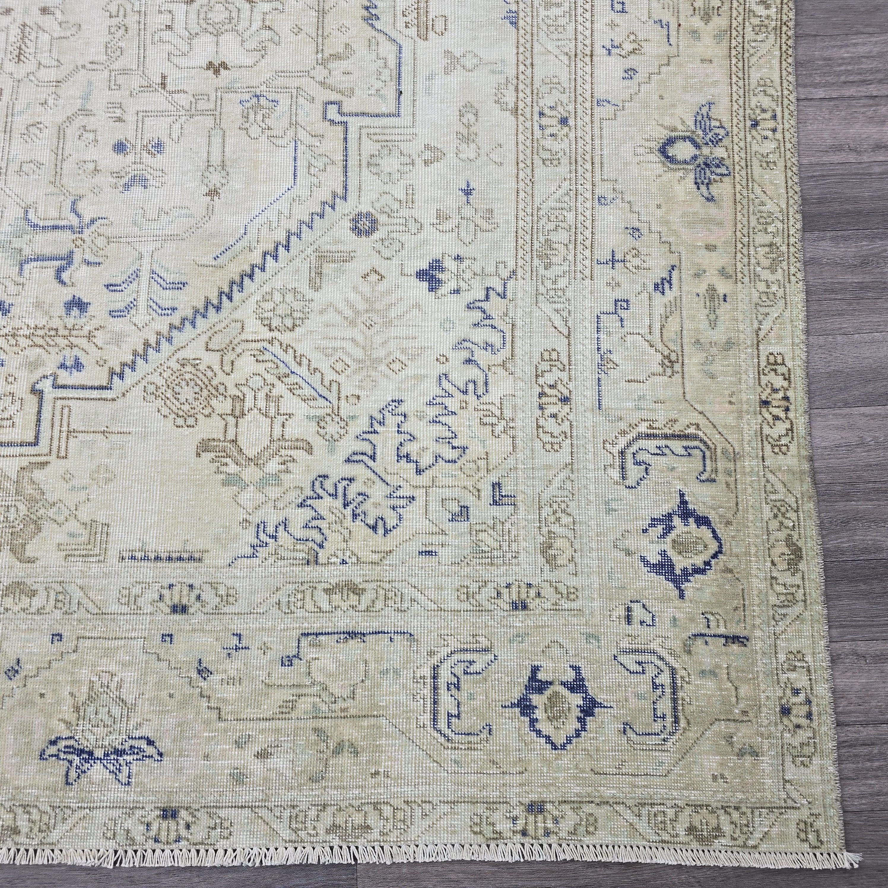 Antique Turkish Rug 10x12 Blue Cream Medallion Vintage Wool Area Rug Bedroom