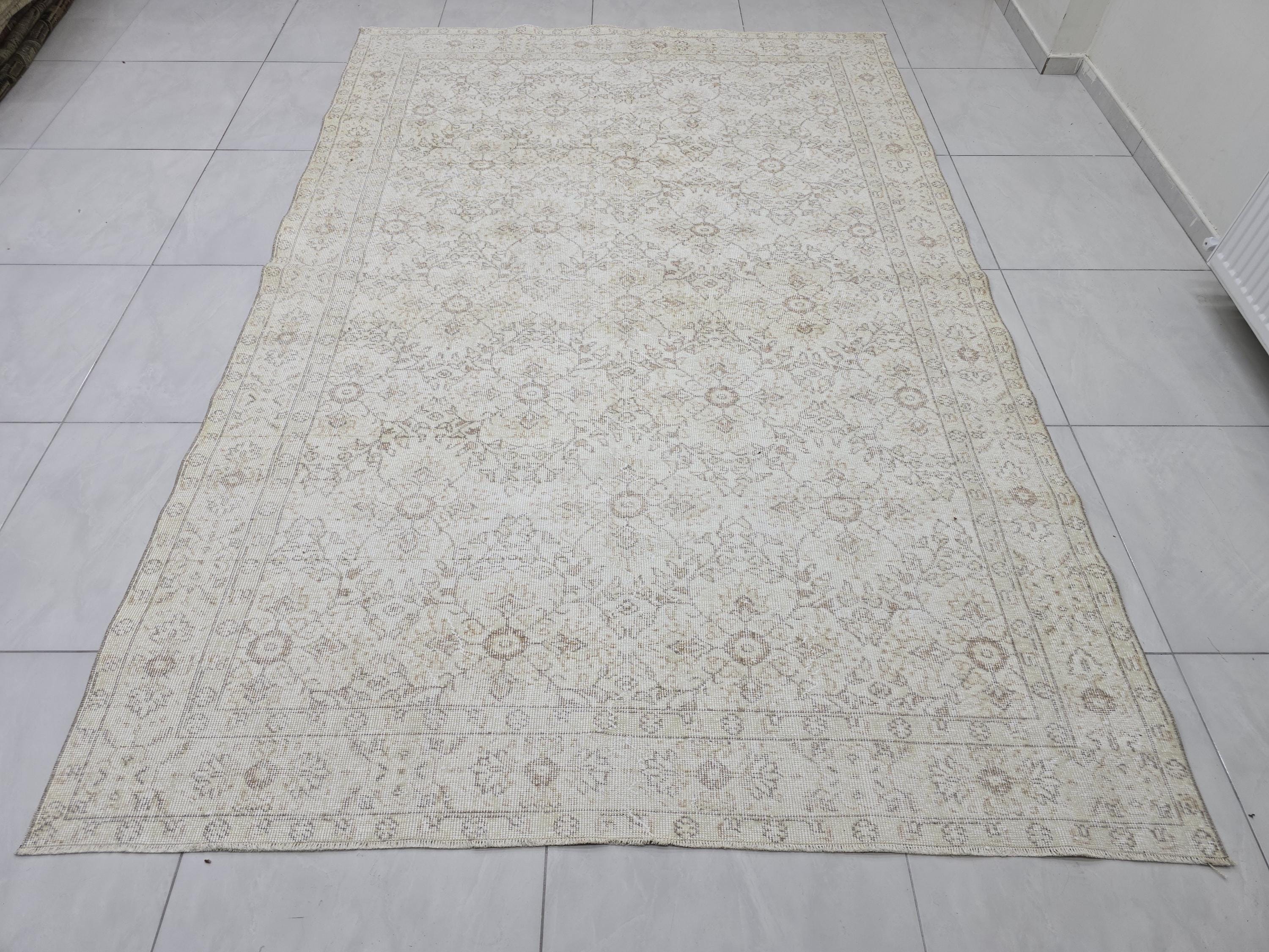 Hand-Knotted Wool Oushak Rug 7x10: Cream Beige Vintage Turkish Rug