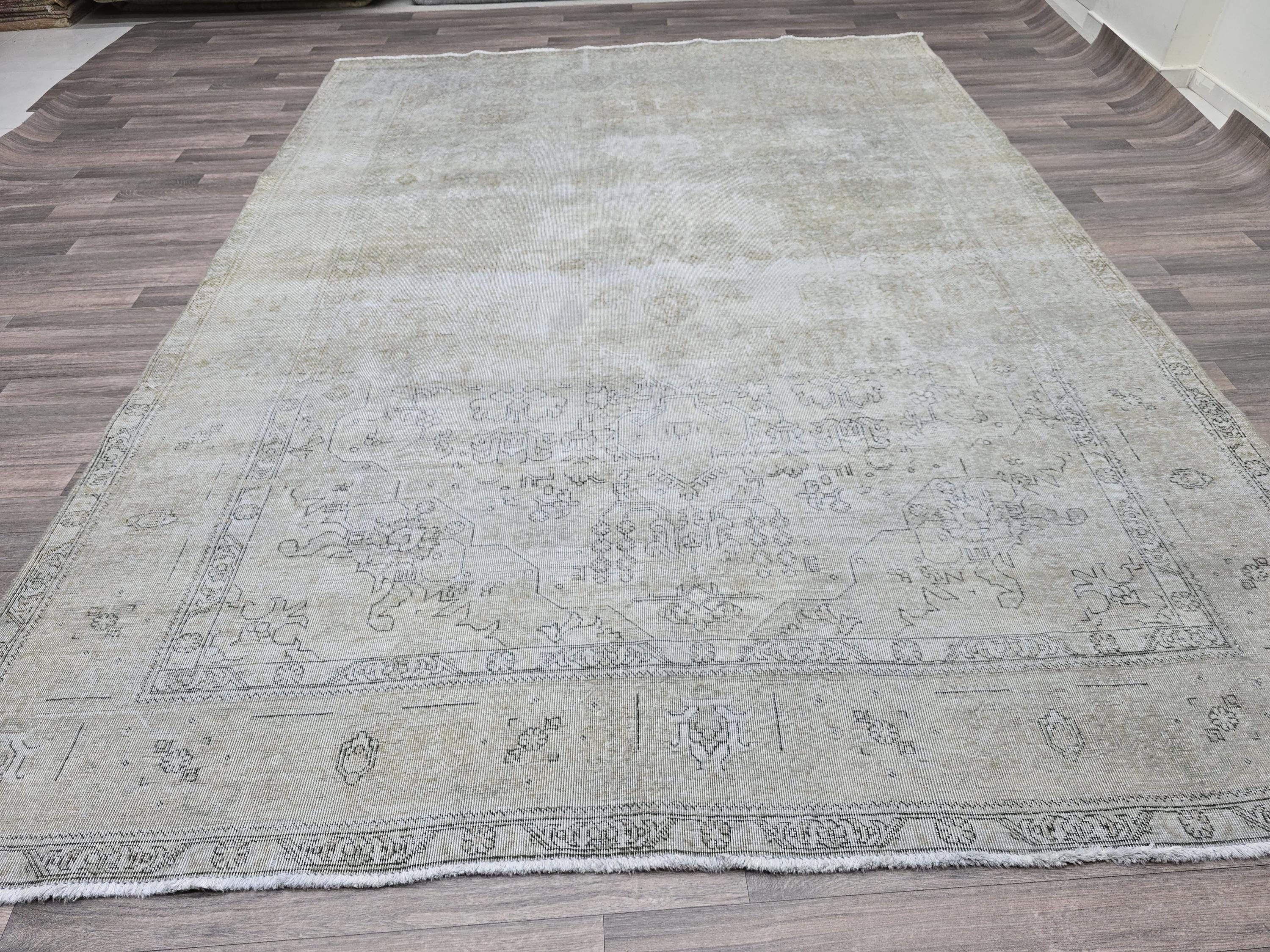 8x11 Overdyed Beige Gray Handmade Oushak Wool Rug 8x11: Neutral Vintage Turkish Rug