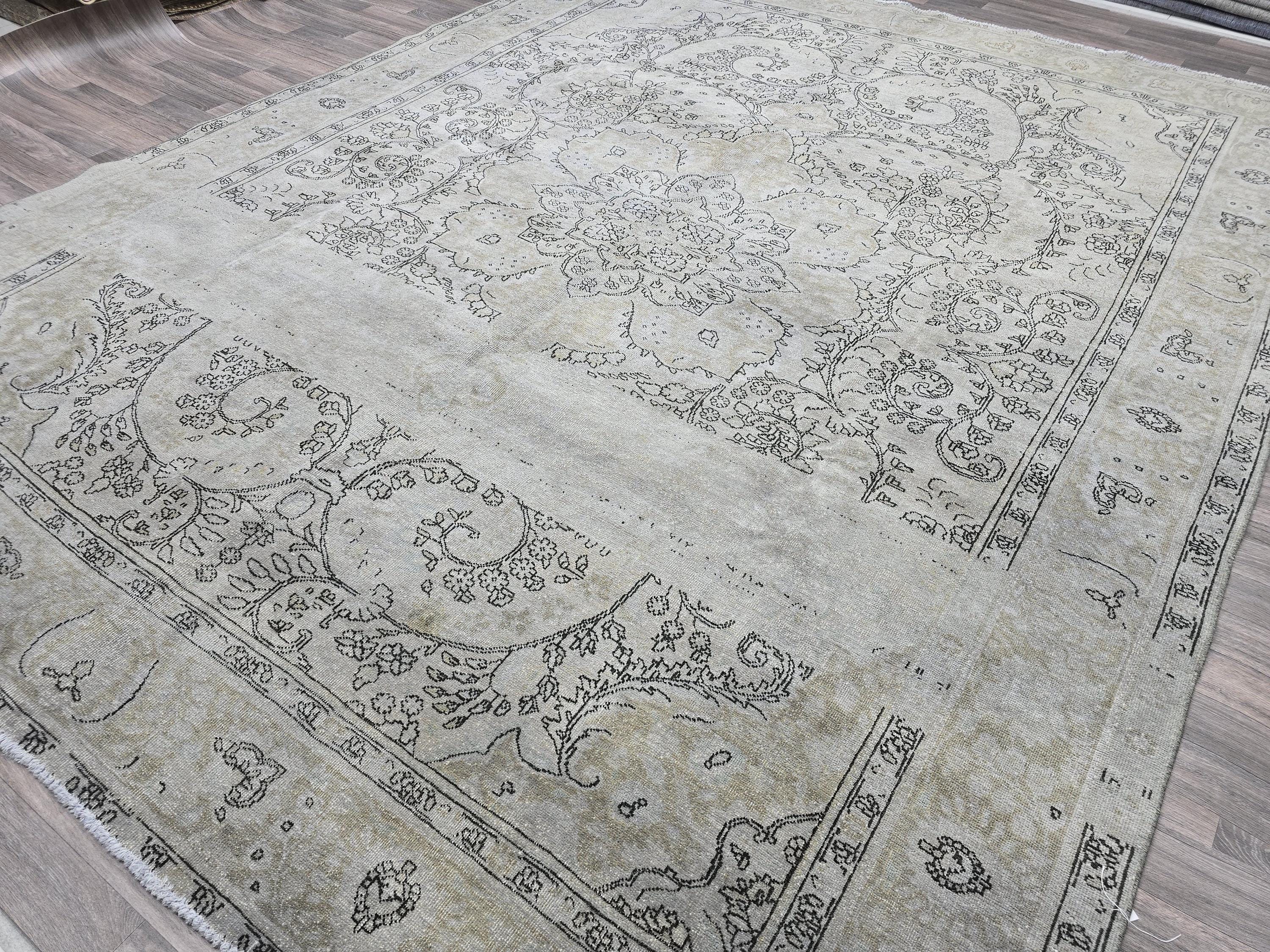 Overdyed Vintage Turkish Oushak Rug 10x12: Handwoven Wool Beige Gray Carpet