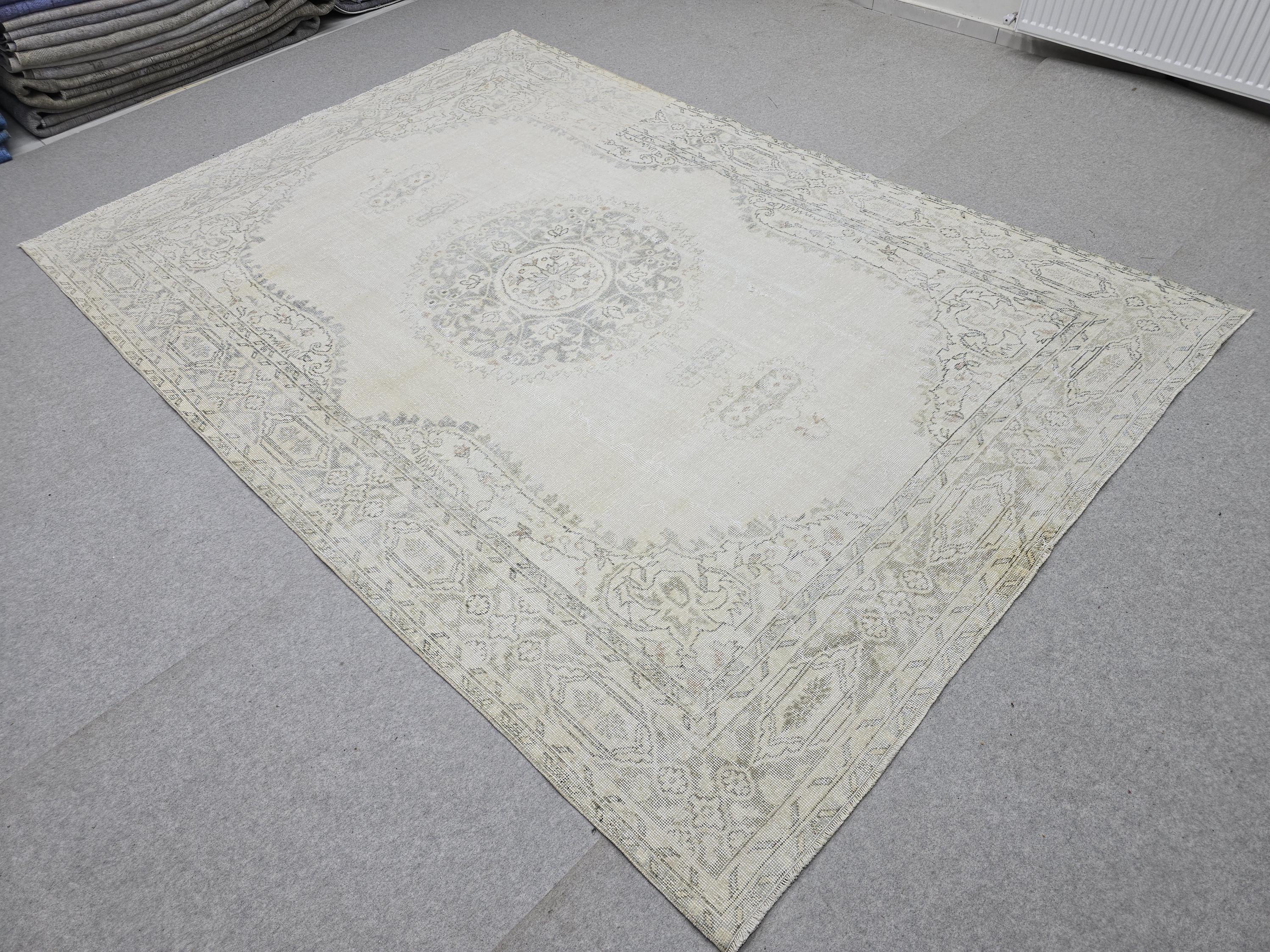 7x10 Oushak Rug Neutral Beige | Vintage Turkish Wool Medallion | Cream Living Room Carpet