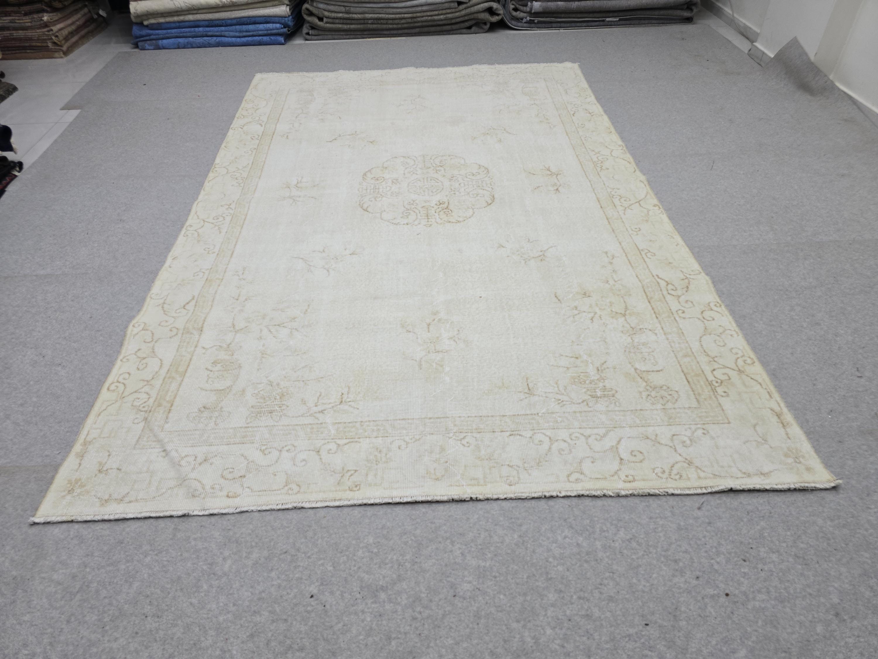 Turkish Rug 6x10, Ivory Oushak Medallion Carpet, Muted Cream Beige Handknotted Wool Area Rug for Living Room Dining Room