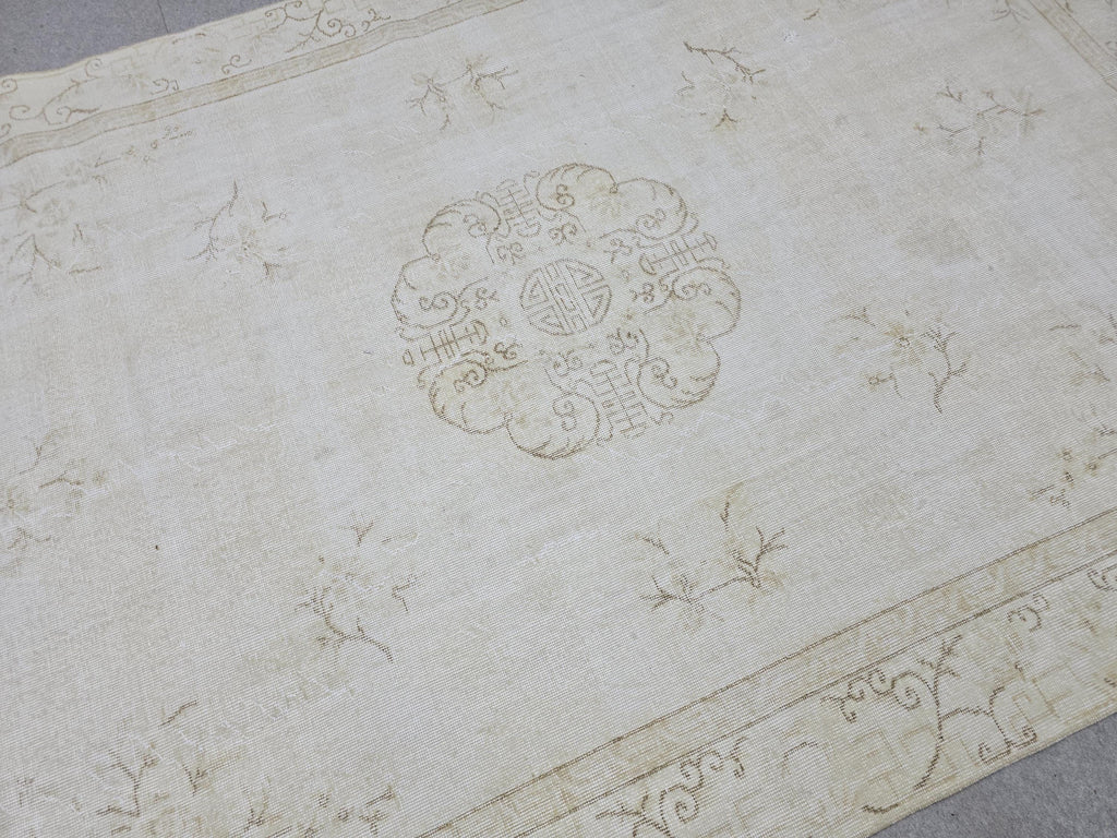 Turkish Rug 6x10, Ivory Oushak Medallion Carpet, Muted Cream Beige Handknotted Wool Area Rug for Living Room Dining Room