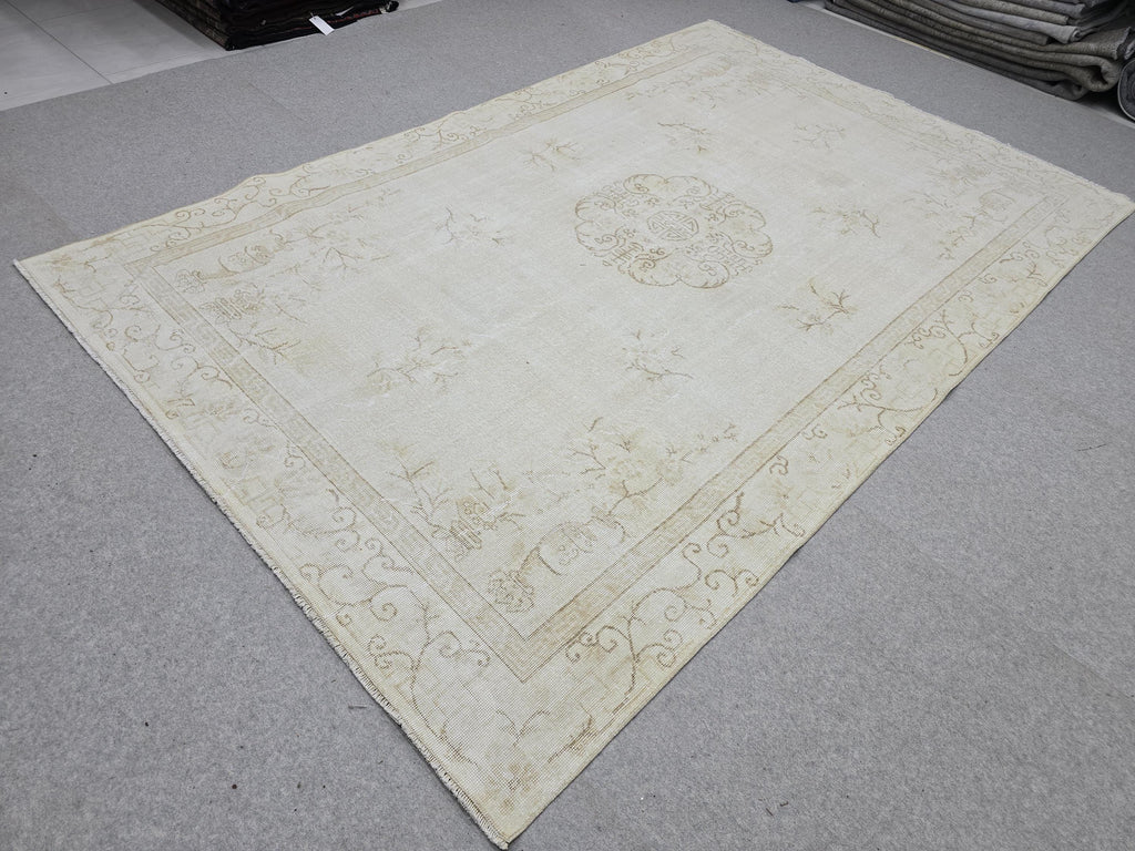 Turkish Rug 6x10, Ivory Oushak Medallion Carpet, Muted Cream Beige Handknotted Wool Area Rug for Living Room Dining Room