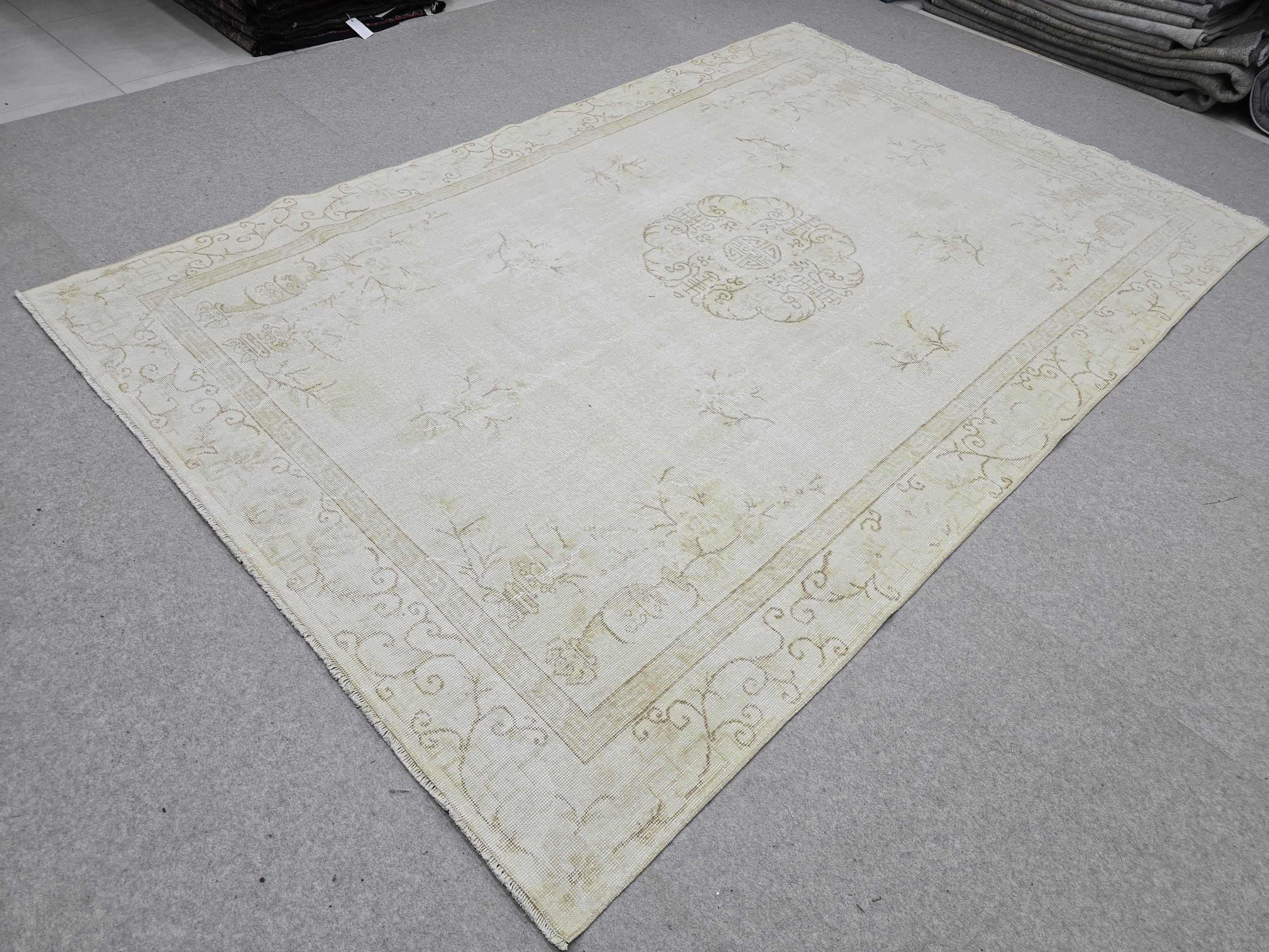 Turkish Rug 6x10, Ivory Oushak Medallion Carpet, Muted Cream Beige Handknotted Wool Area Rug for Living Room Dining Room