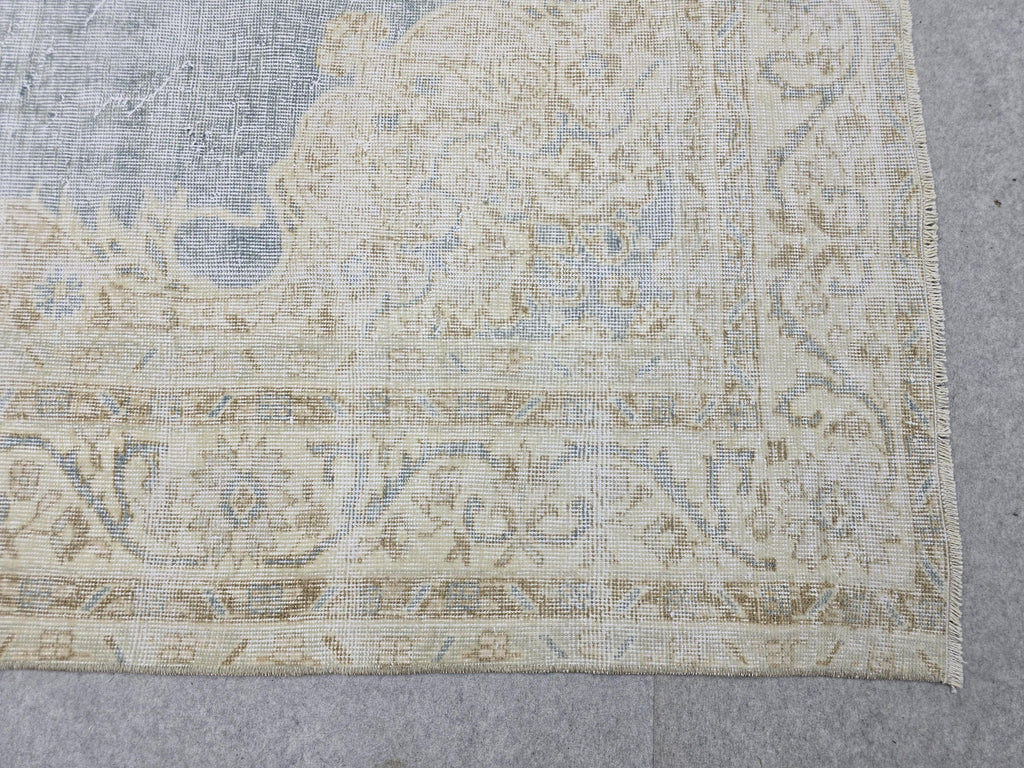 Oushak Rug 7x10, Blue Beige Medallion Antique Turkish Carpet, Faded Muted Handknotted Wool Rug for Living Room Office